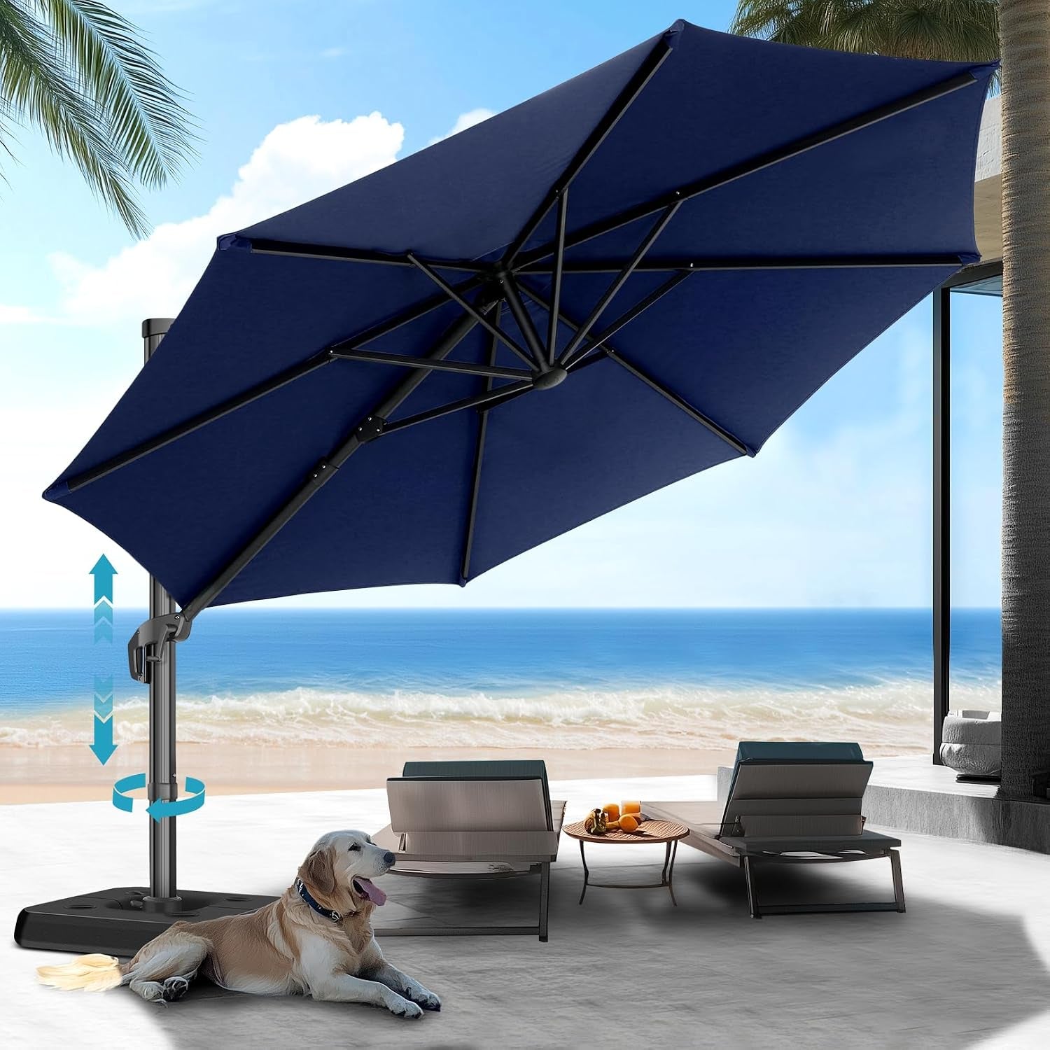 Side view close of navy umbrella canopy and offset pole above two lounge chairs and a dog by the ocean