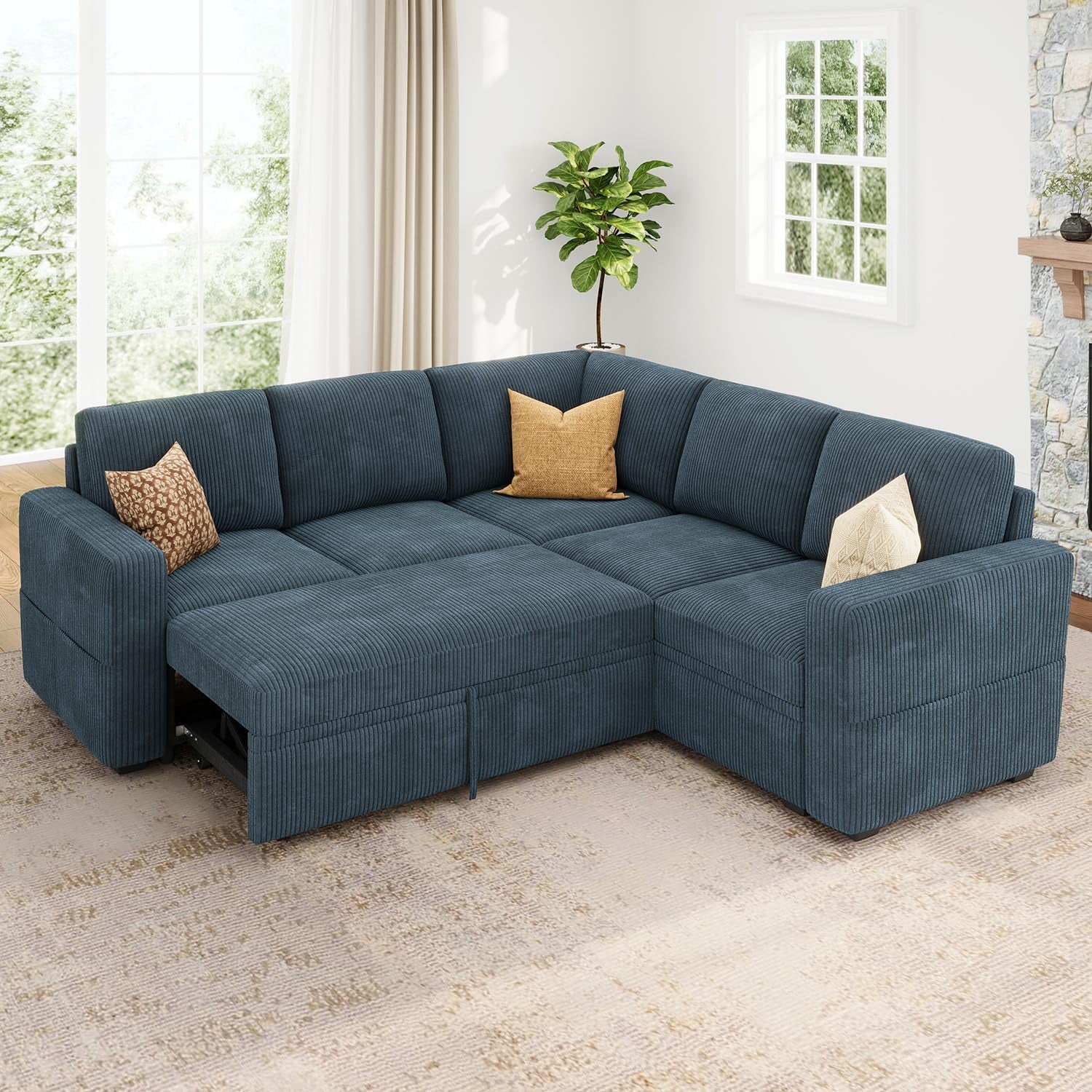 Modular Sectional Sleeper Couch with Pull Out Bed, Corduroy L Shaped Sofa with Storage, Convertible Sectional Couches for Living Room, Blue