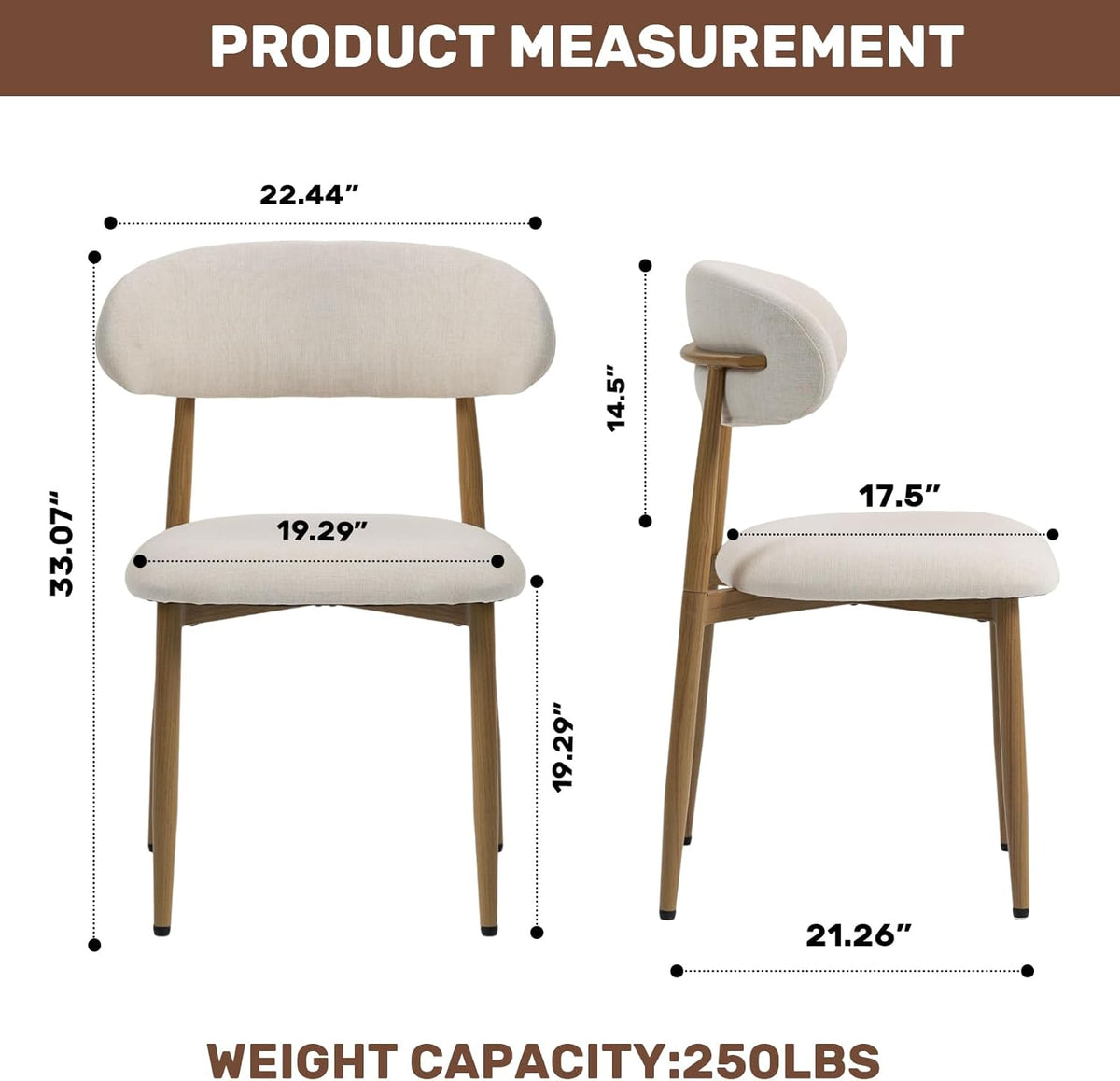 Front and side profile diagram of the chair with dotted lines indicating multiple measurements.