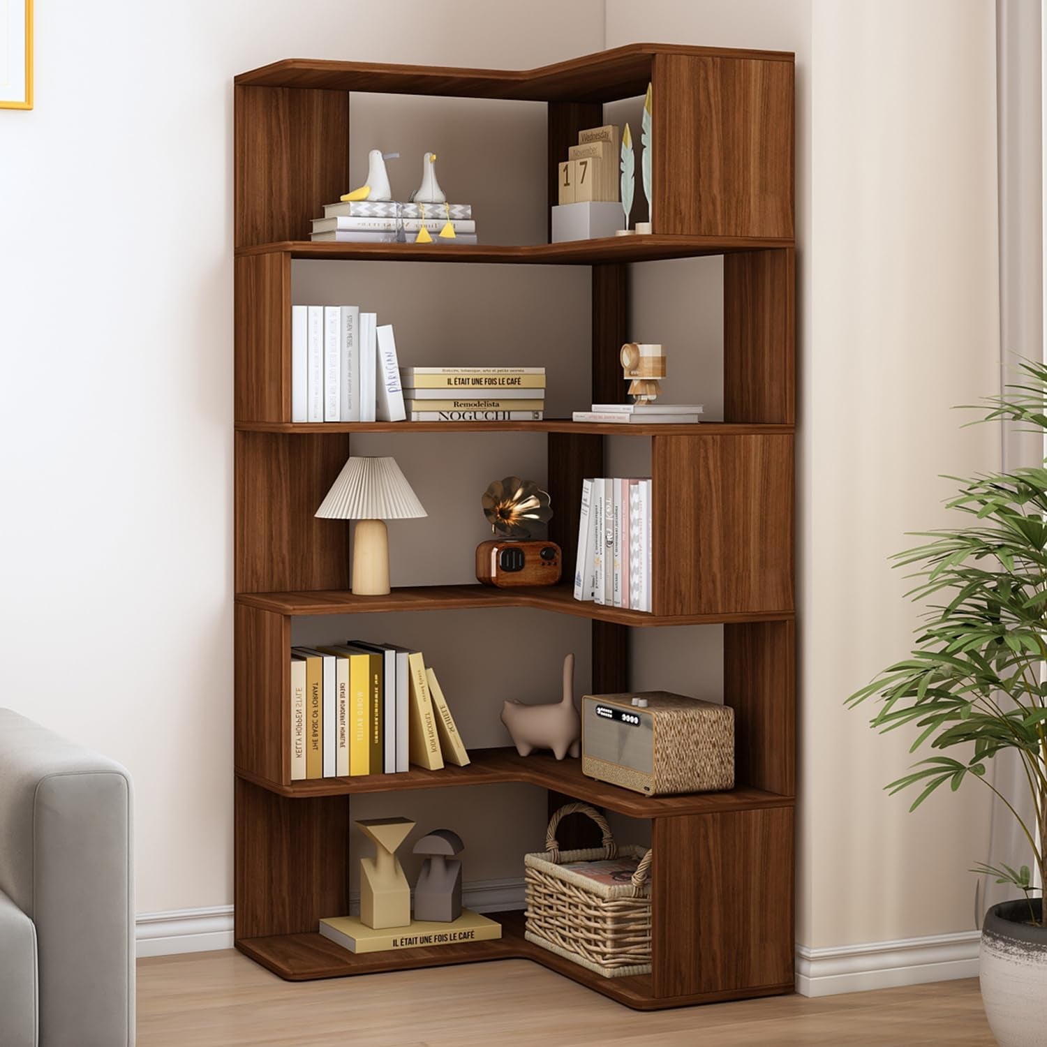 Walnut L-shaped 6-tier corner bookshelf front-left angled view with books and decor