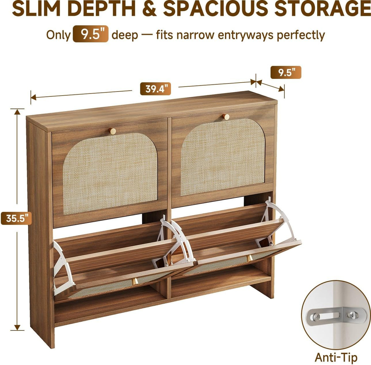 Three-quarter angle showing both flip drawers open to reveal internal shoe compartments and anti-tip bracket inset.
