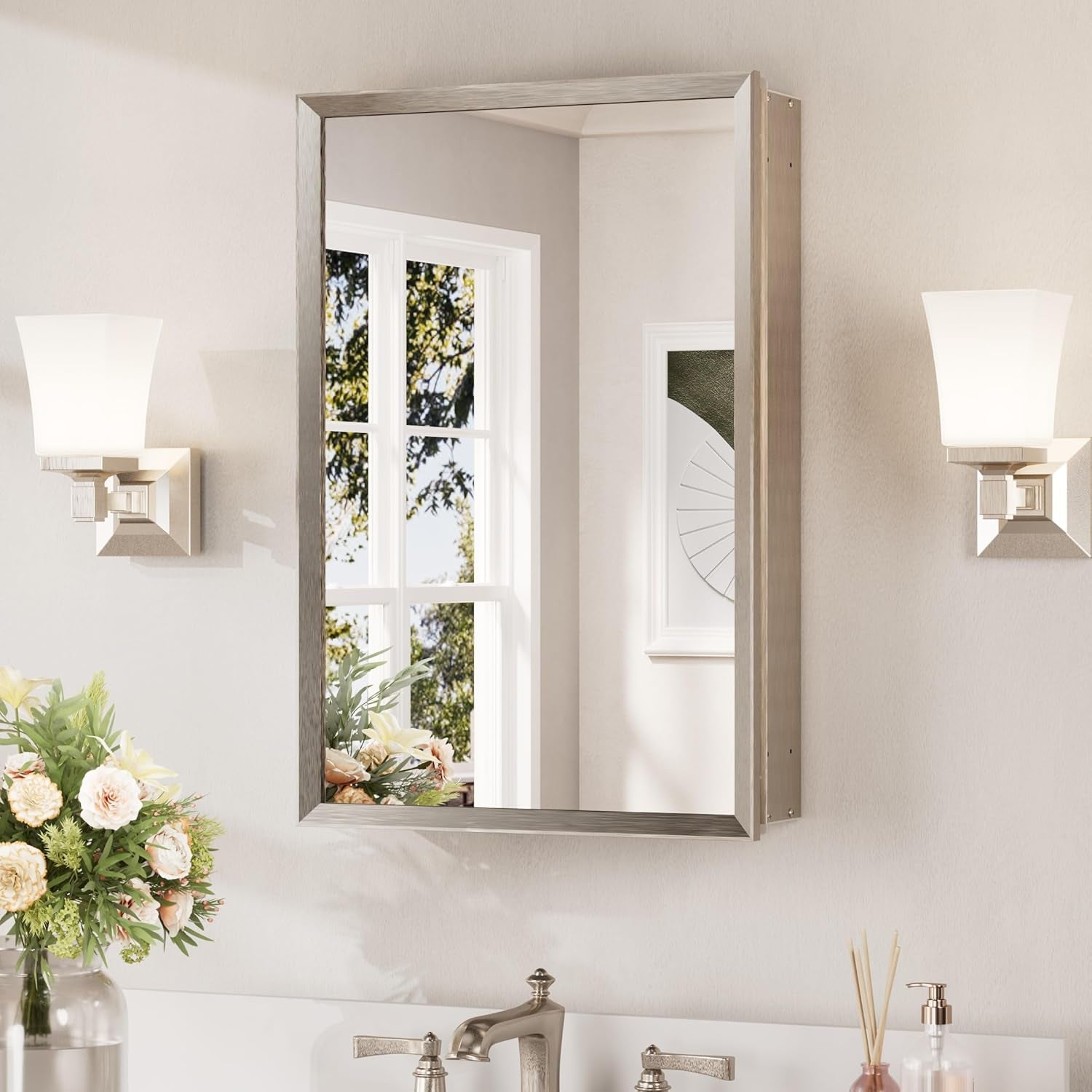Wall-mounted mirrored medicine cabinet with a brushed silver frame above a sink and sconces.