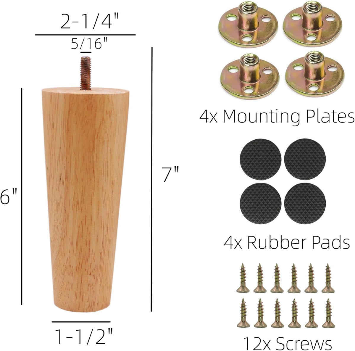 Single tapered wood leg with measurement markings alongside mounting plates, rubber pads and screws on a white background