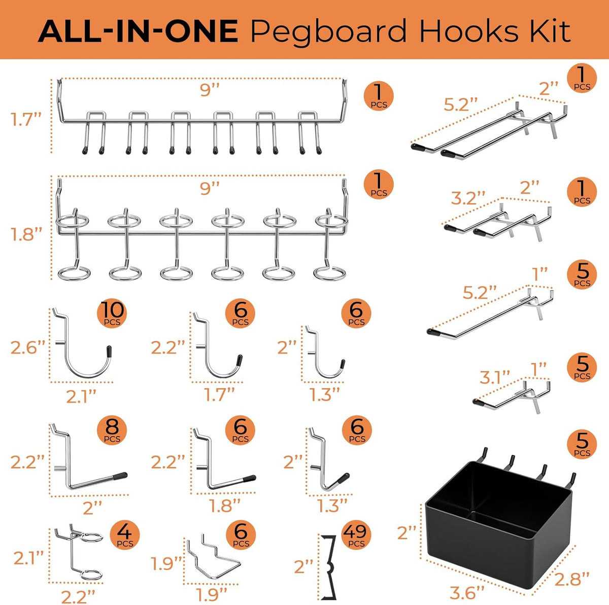 Diagram showing dimensions and counts for each pegboard hook type plus a black bin with measurement callouts