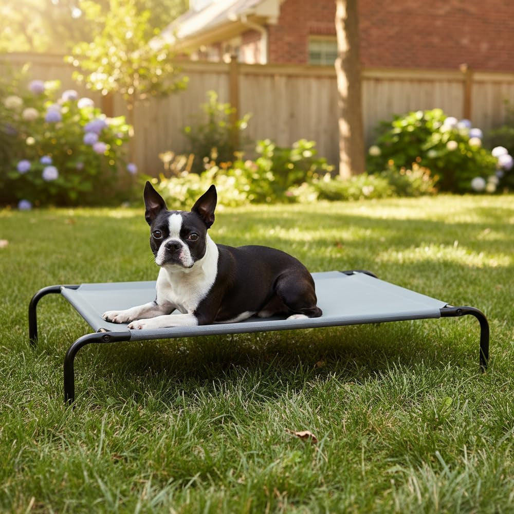 Small black-and-white dog lying on a grey elevated fabric dog bed on grass in a backyard.