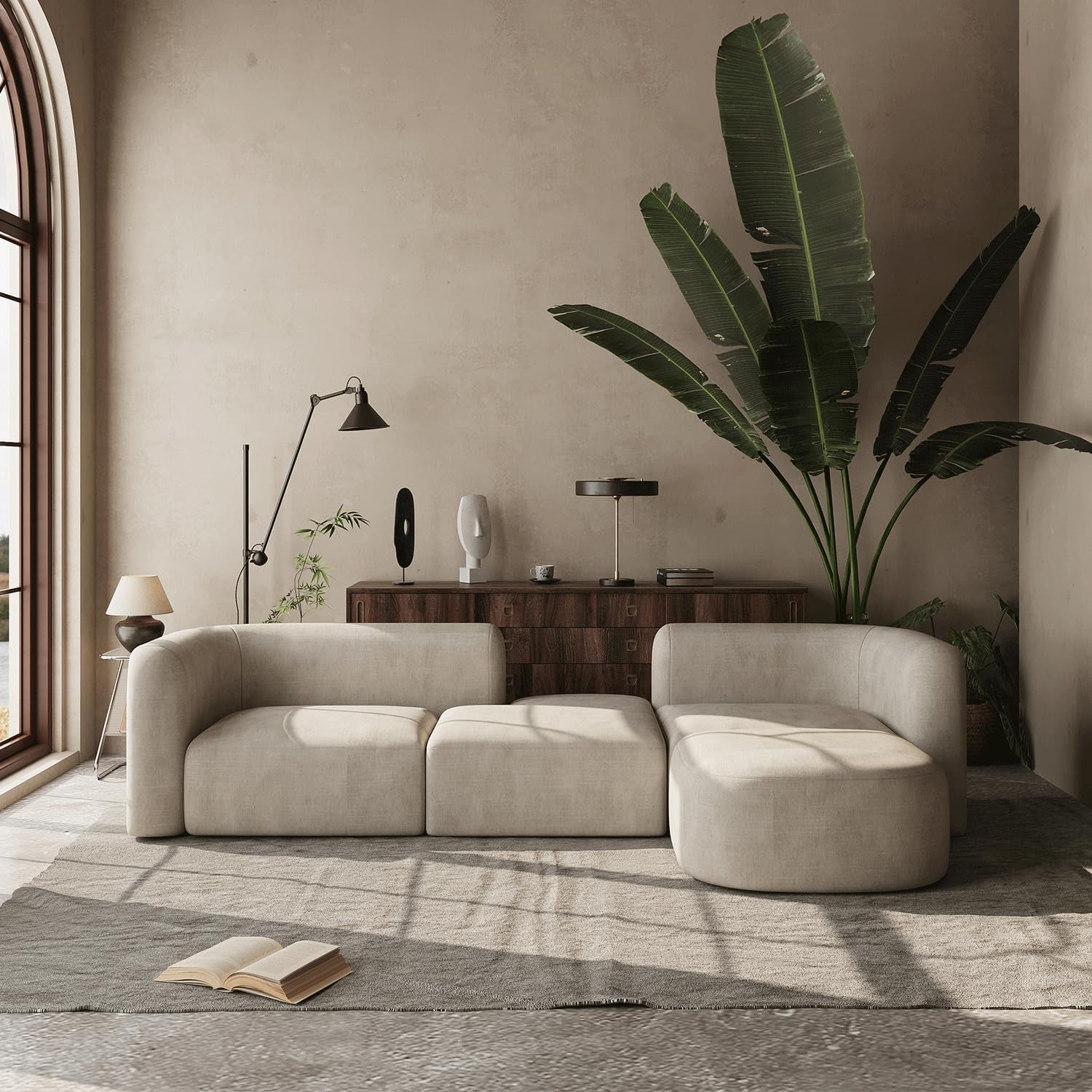 Mellow Modern Tight Curved Back Velvet Sofa, 4 Seater Modular | Minimalist Couch for Living Room Apartment, Modular Sectional, Hardwood Frame