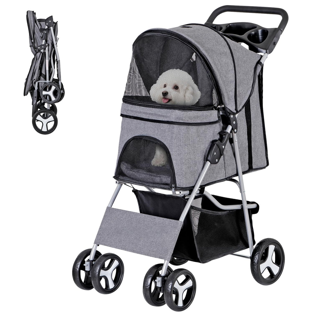 Gray pet stroller shown in studio with mesh window and a white fluffy dog inside, plus folded inset.