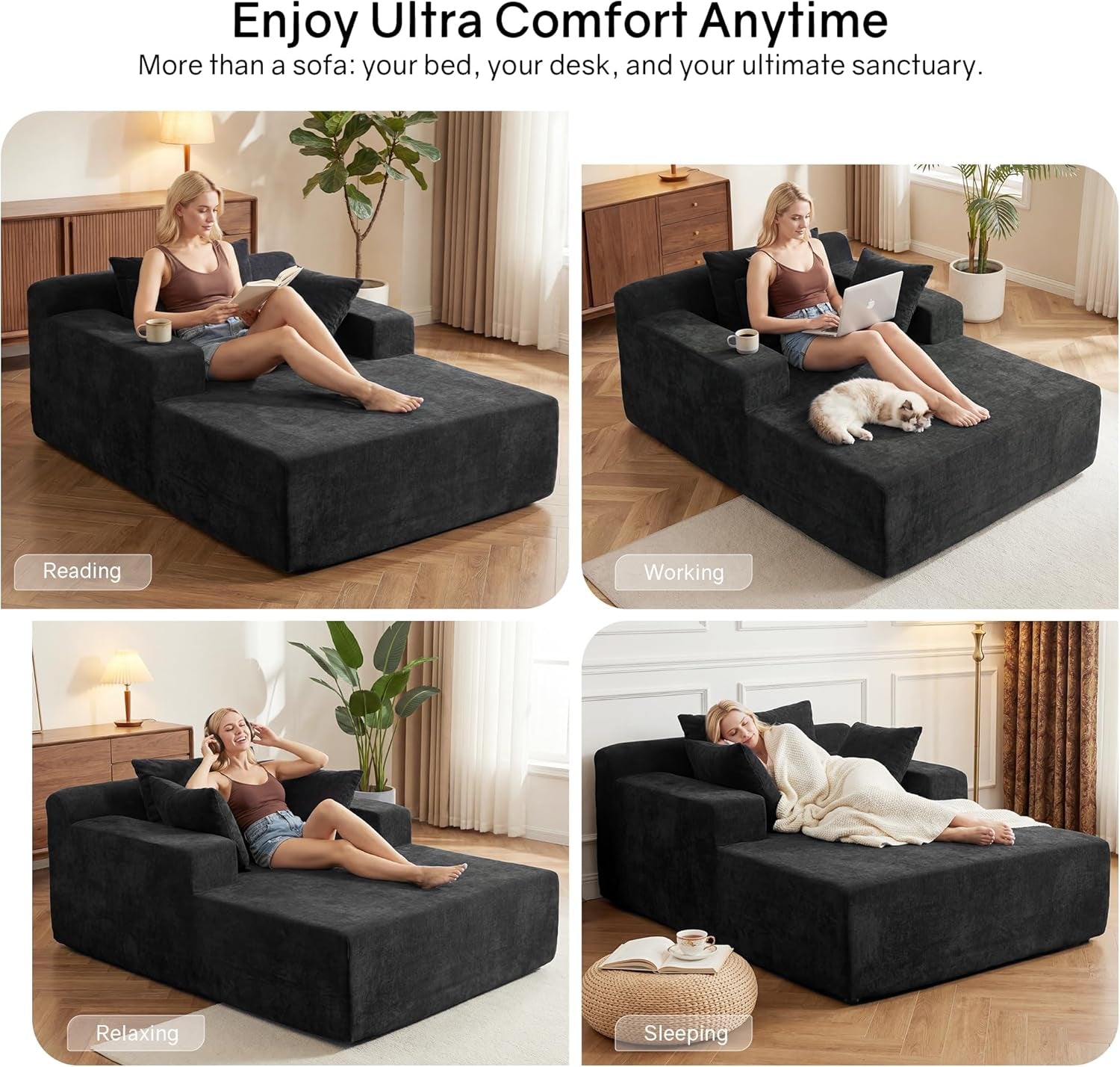 Four-image collage showing the dark grey chaise lounge used for reading, working, relaxing, and sleeping