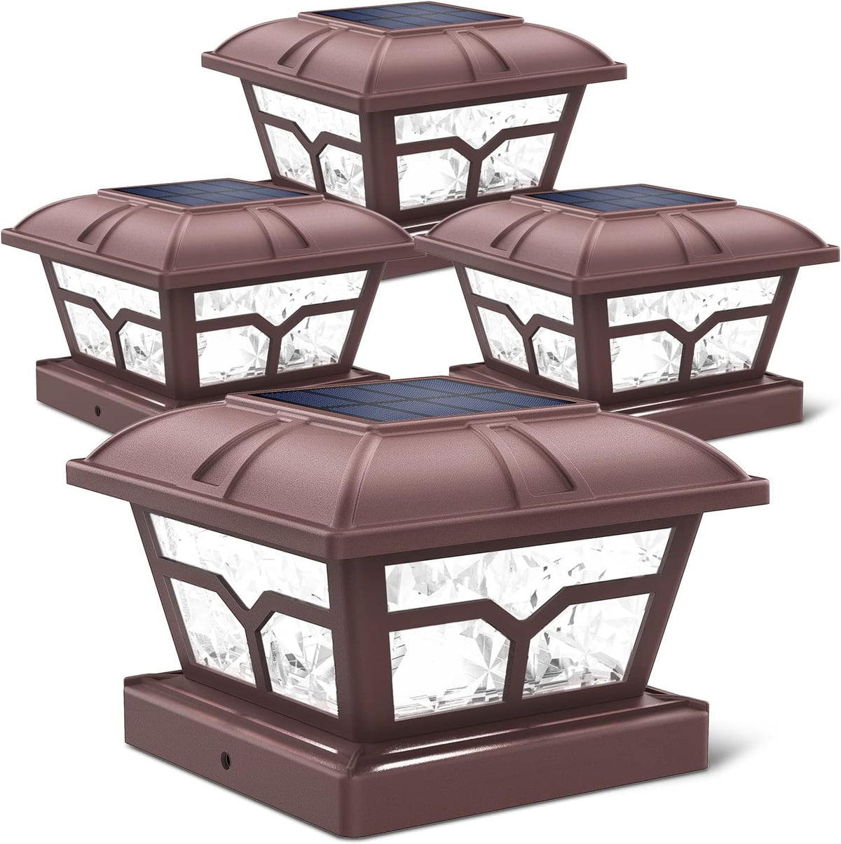 Four bronze-brown post cap lights with solar panels and clear faceted sides