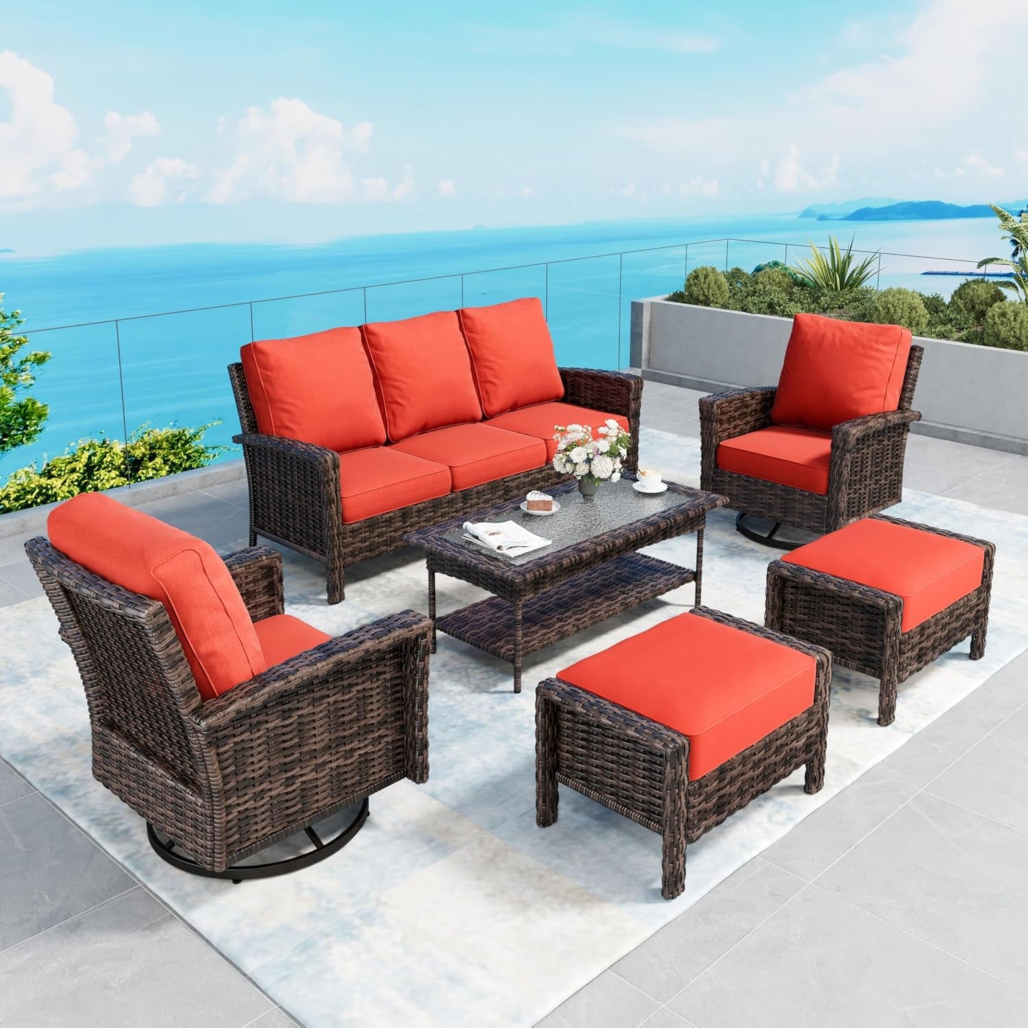 SUNSHINE VALLEY 5pcs Patio Furniture Set, Outdoor High Back Sofa, Beige | Swivel Wicker Chairs w/5.5" Thick, gallery view 28