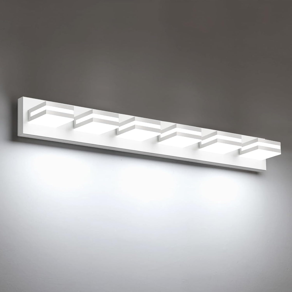 Angled view of the white rectangular vanity bar showing five glowing square lights and backplate.