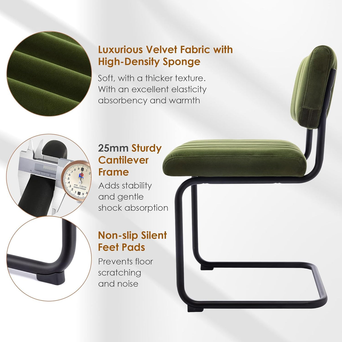 Side view of green velvet chair highlighting the black cantilever steel frame and non-slip feet pads on a white background