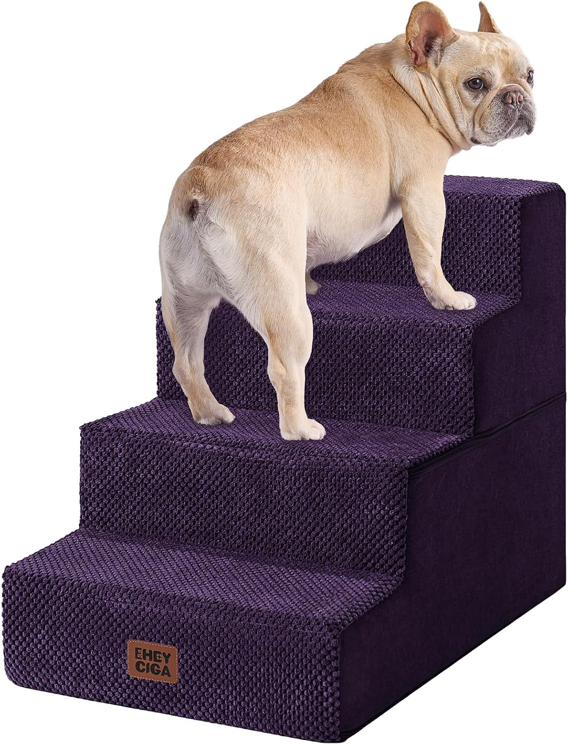 Tan French bulldog midway up a deep purple four-step pet staircase shown on white background