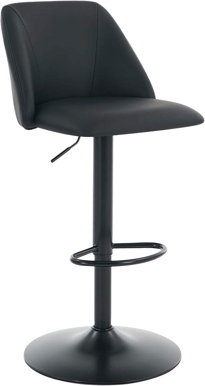 Three-quarter close-up of a single black bar stool showing curved back, pedestal base and round footrest.