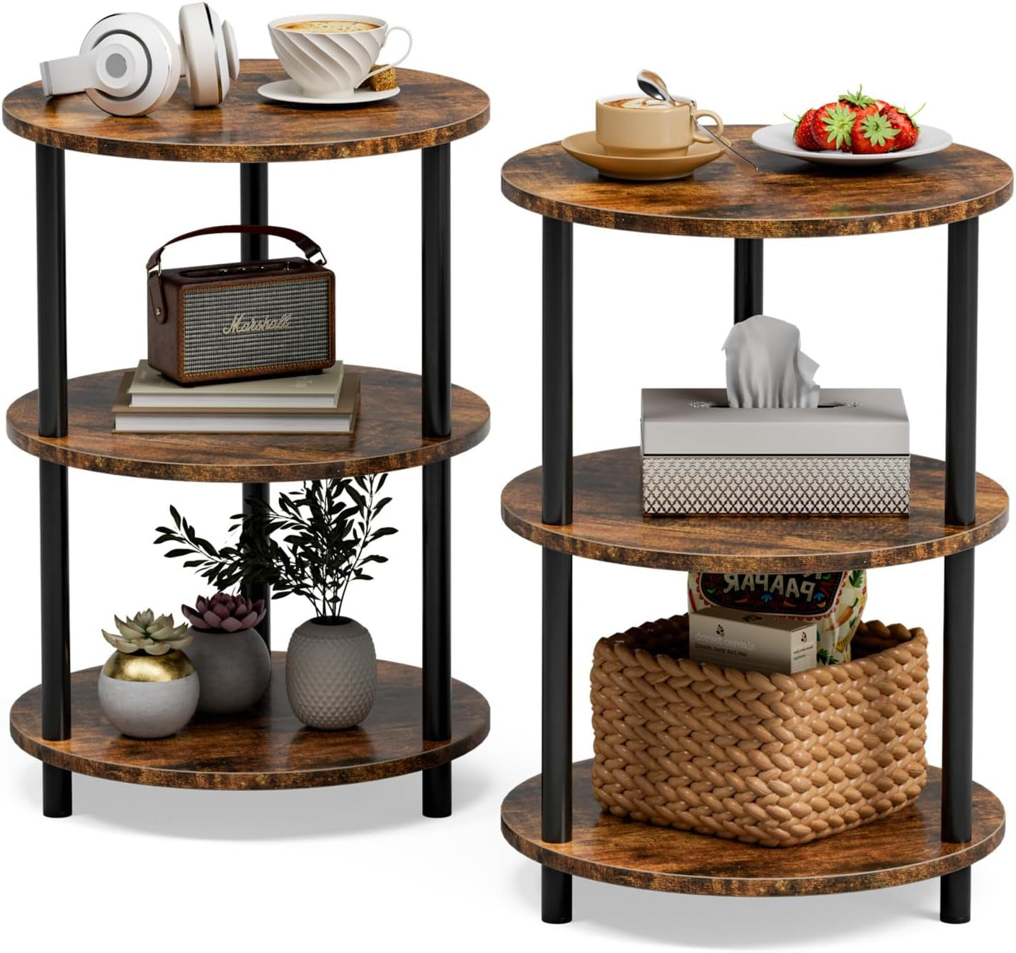 Pair of three-tier round tables in distressed brown finish with black legs, shown with decor and a woven basket