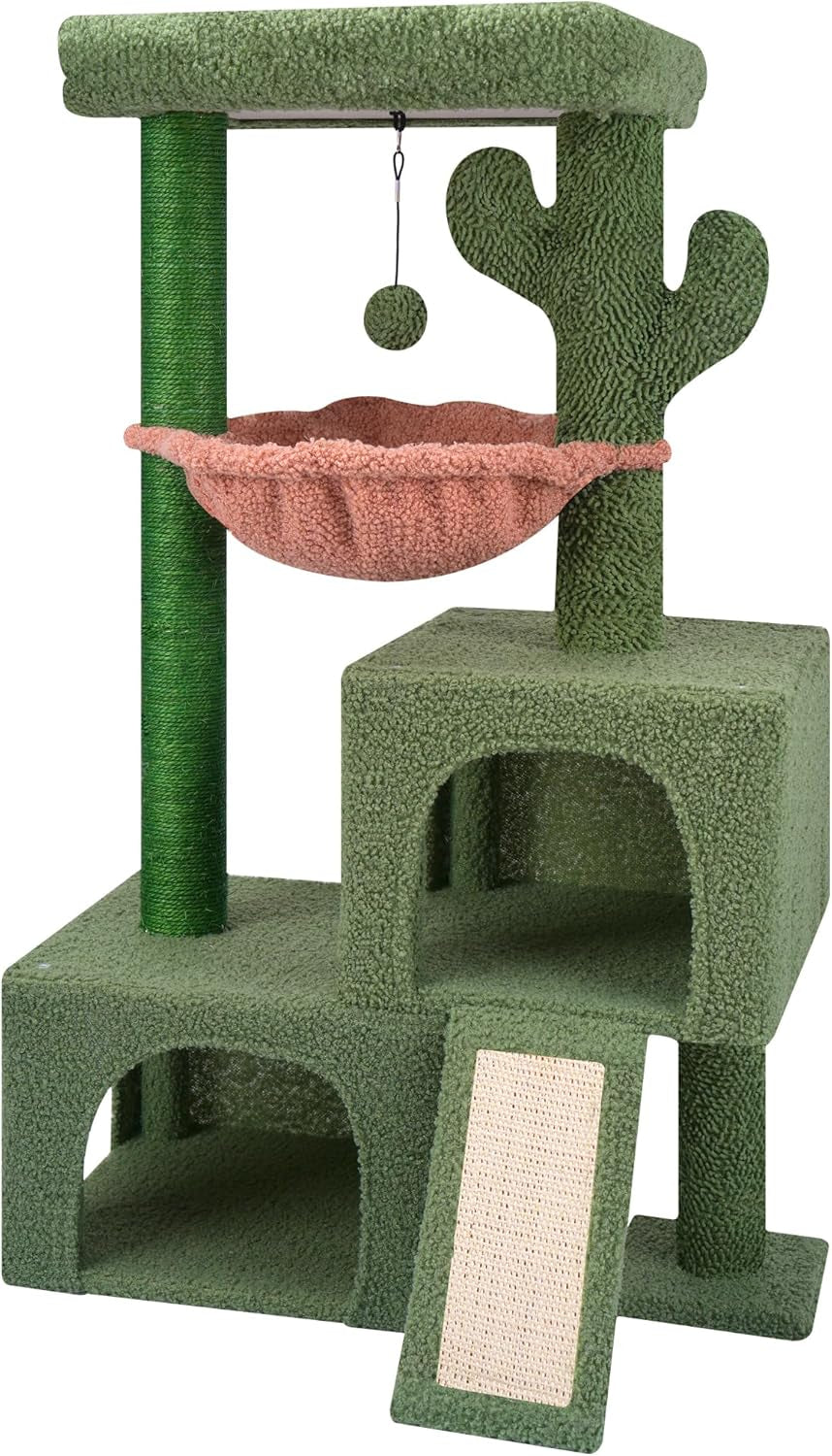 Green cat tree front view showing two lower condos, ramp scratch pad and pink round hammock
