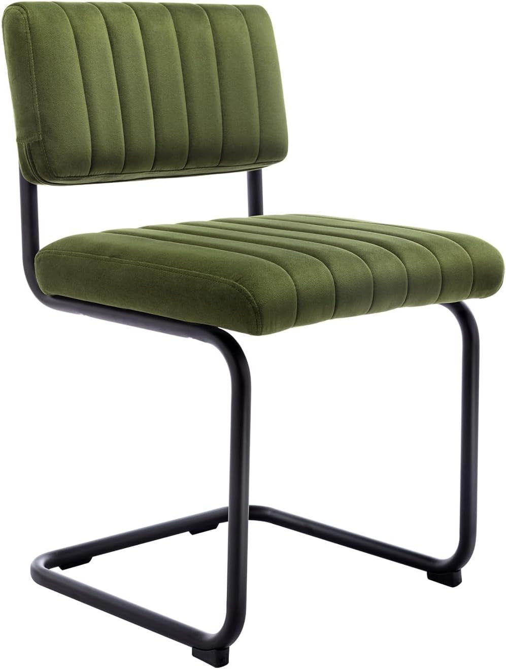 Single green velvet cantilever dining chair on a white background, three-quarter angle showing tufted seat and back