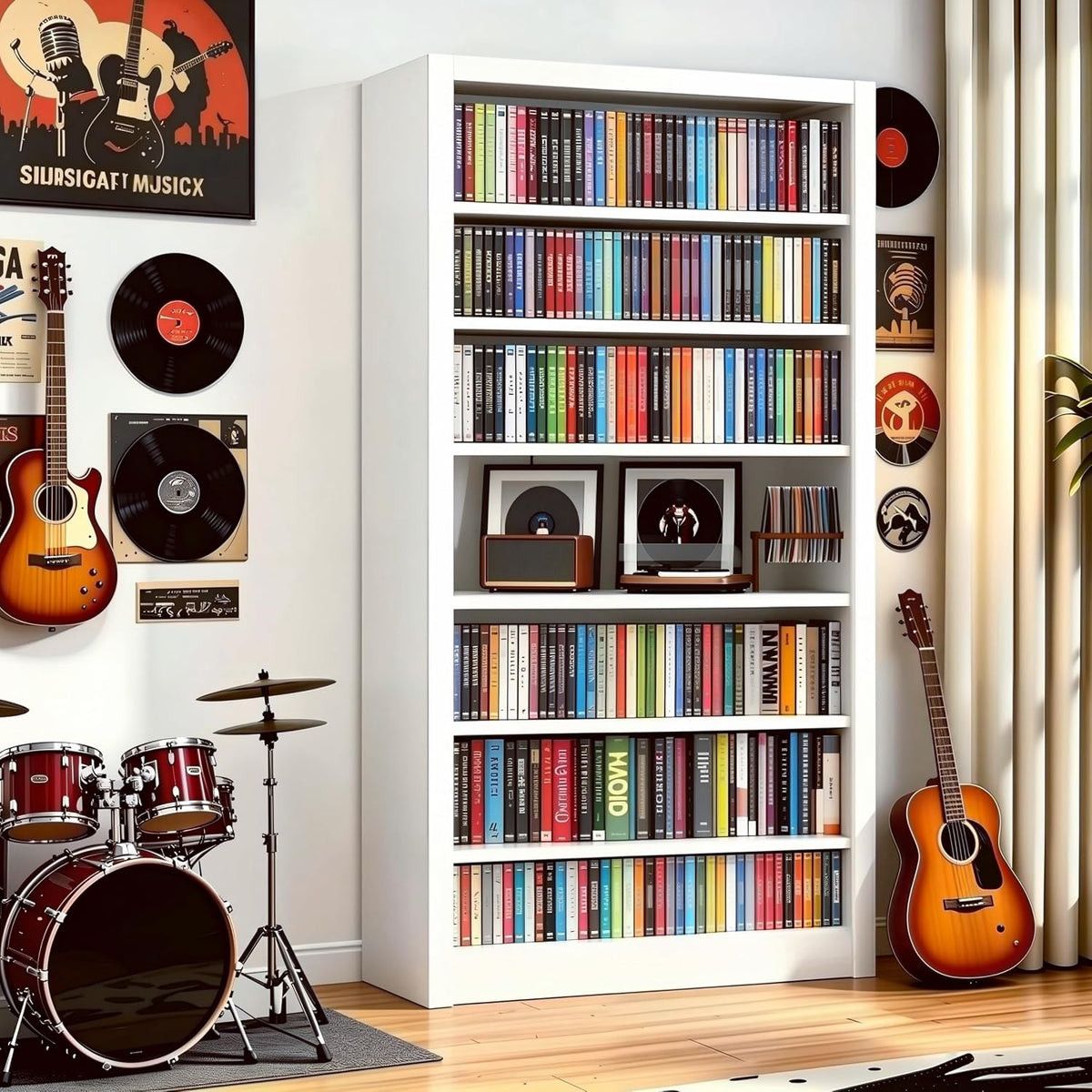 Tall white media cabinet with multiple shelves of CDs and records, turntable on a shelf, guitar leaning and a drum kit nearby