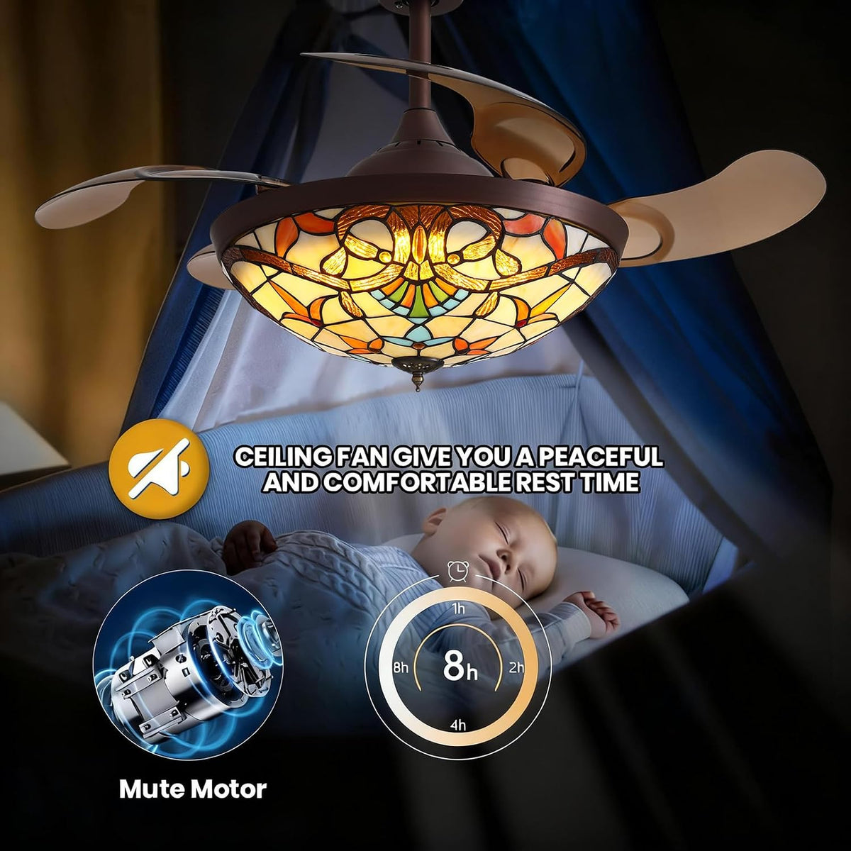 Bedroom scene showing the fan illuminated above a sleeping baby with on-screen timer icons and mute motor graphic