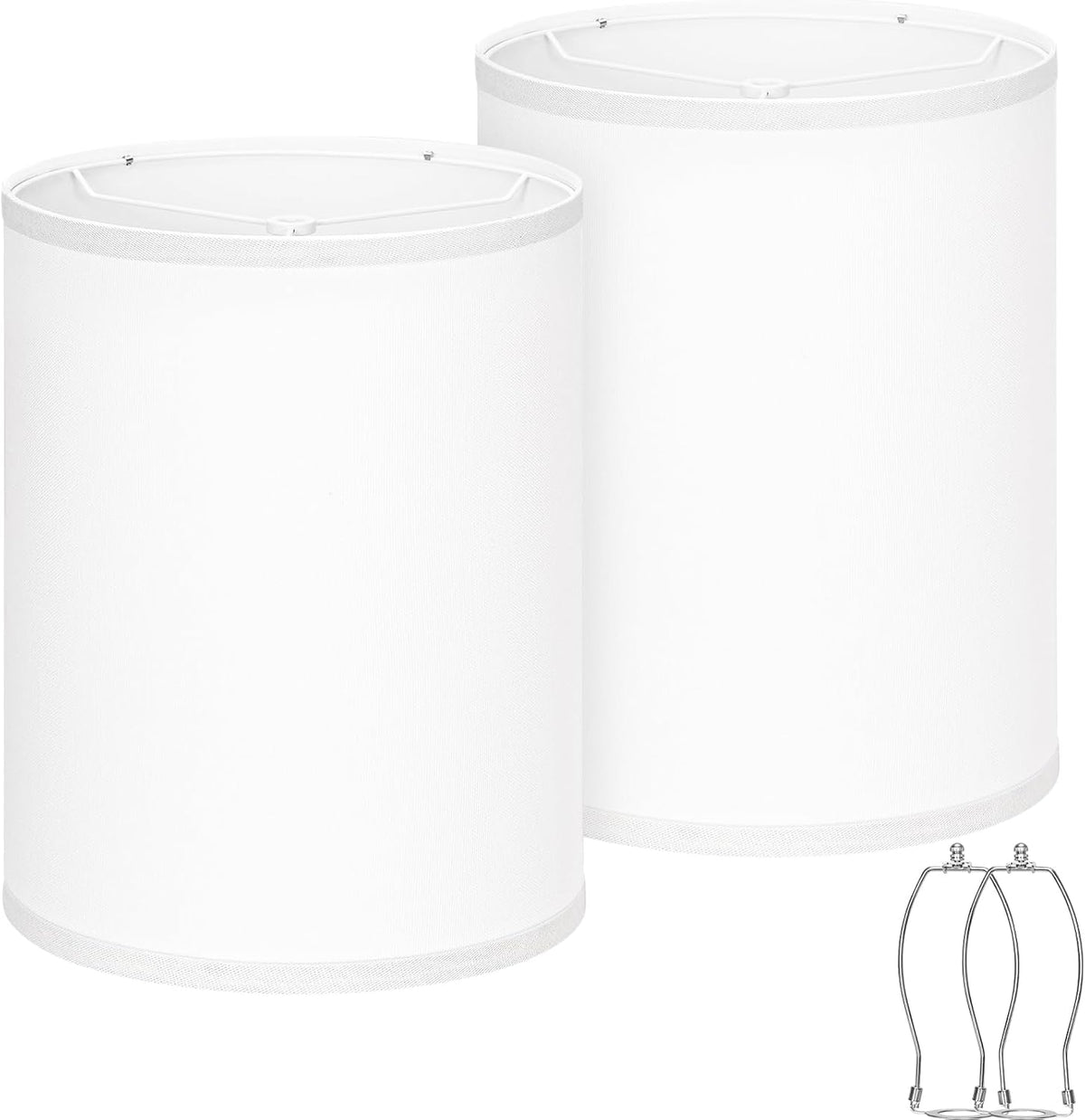 Front view of two white drum lampshades on a white background showing smooth fabric and trimmed edges