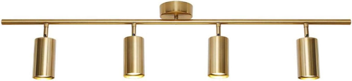 Straight-on shot of a four-head gold track bar, heads evenly spaced and pointing down