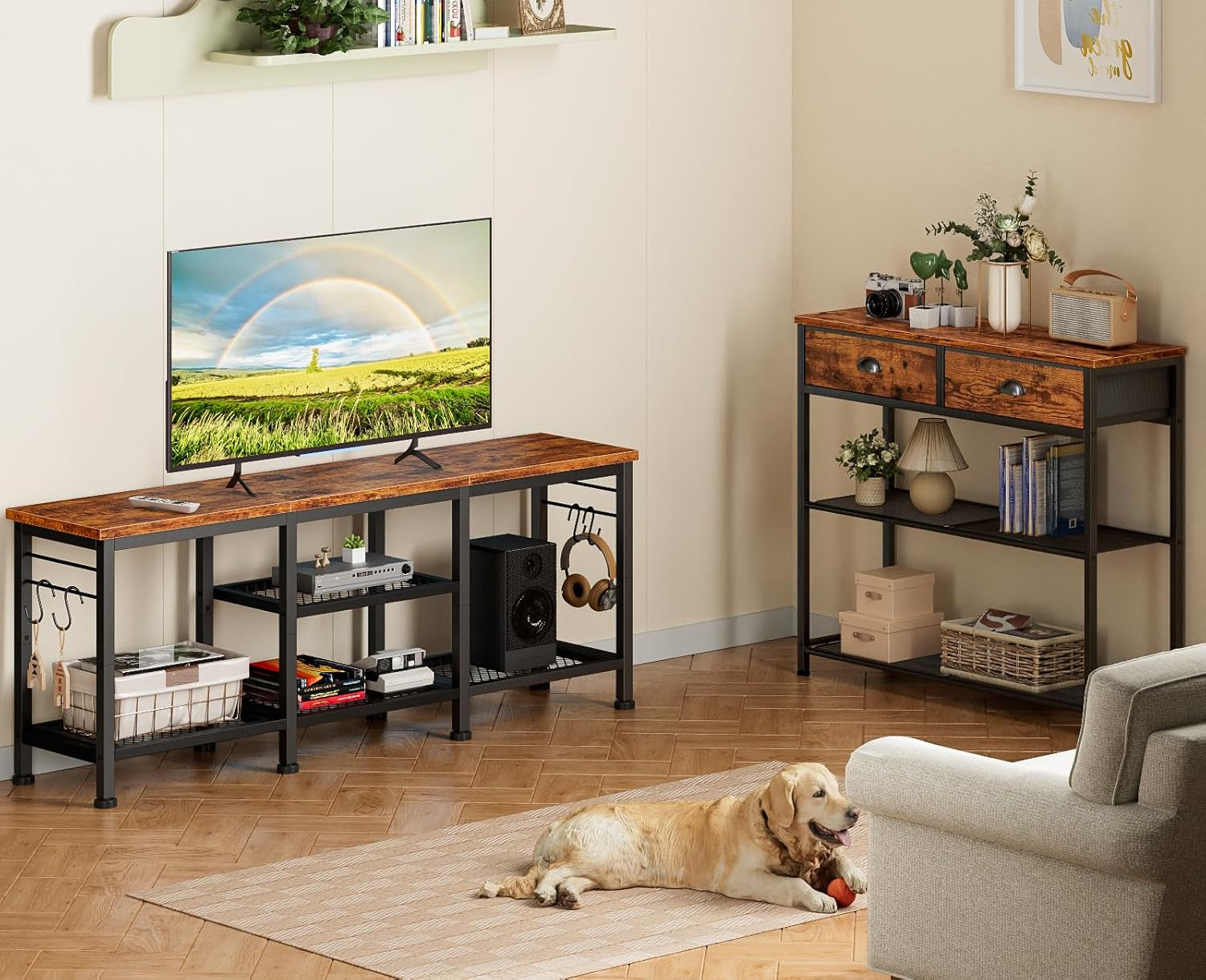 Living room scene with low metal-framed TV console with rustic wood top and dog on rug nearby.