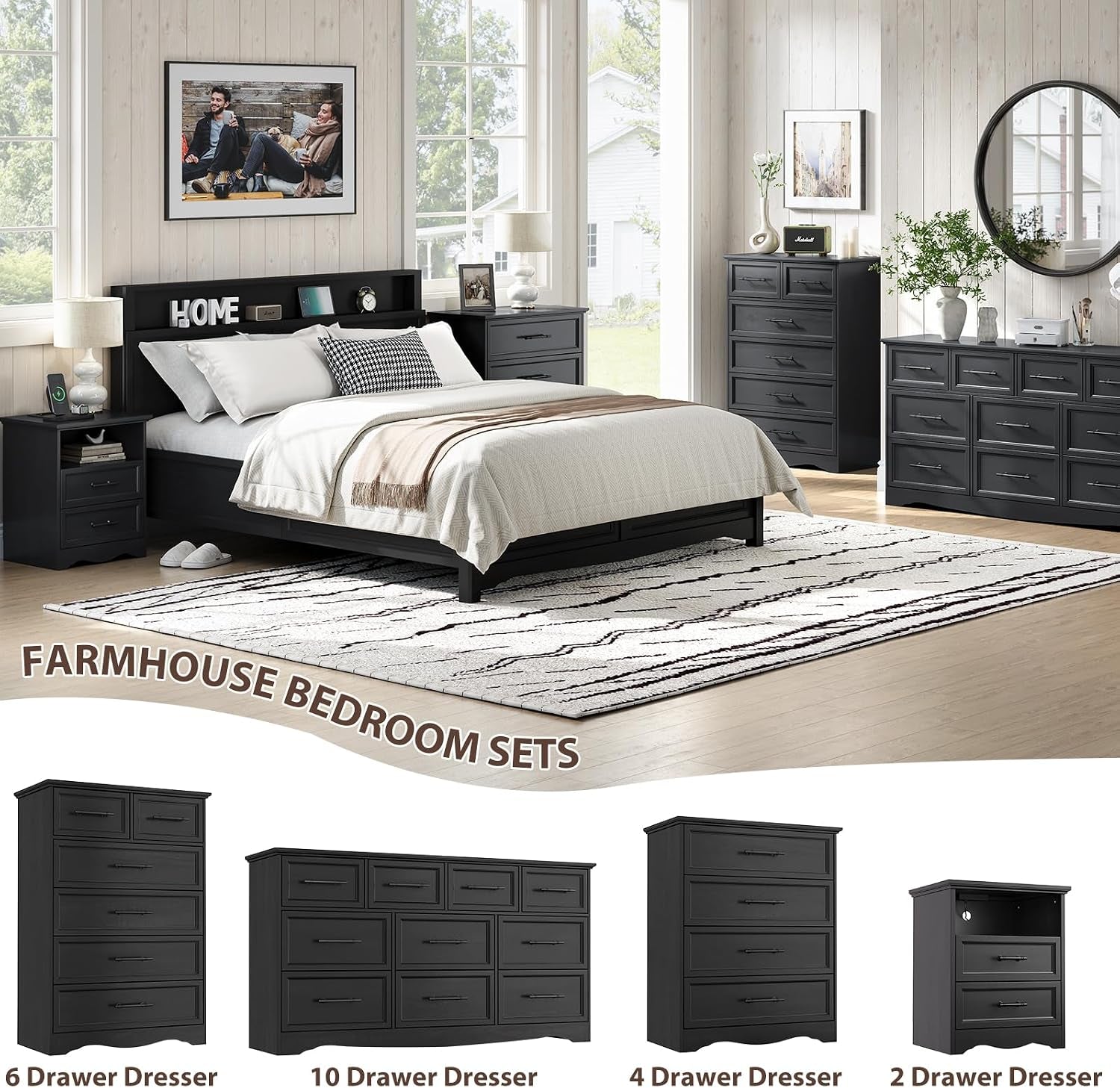 Staged farmhouse bedroom showing a black bed, matching nightstands and dressers in a bright room.