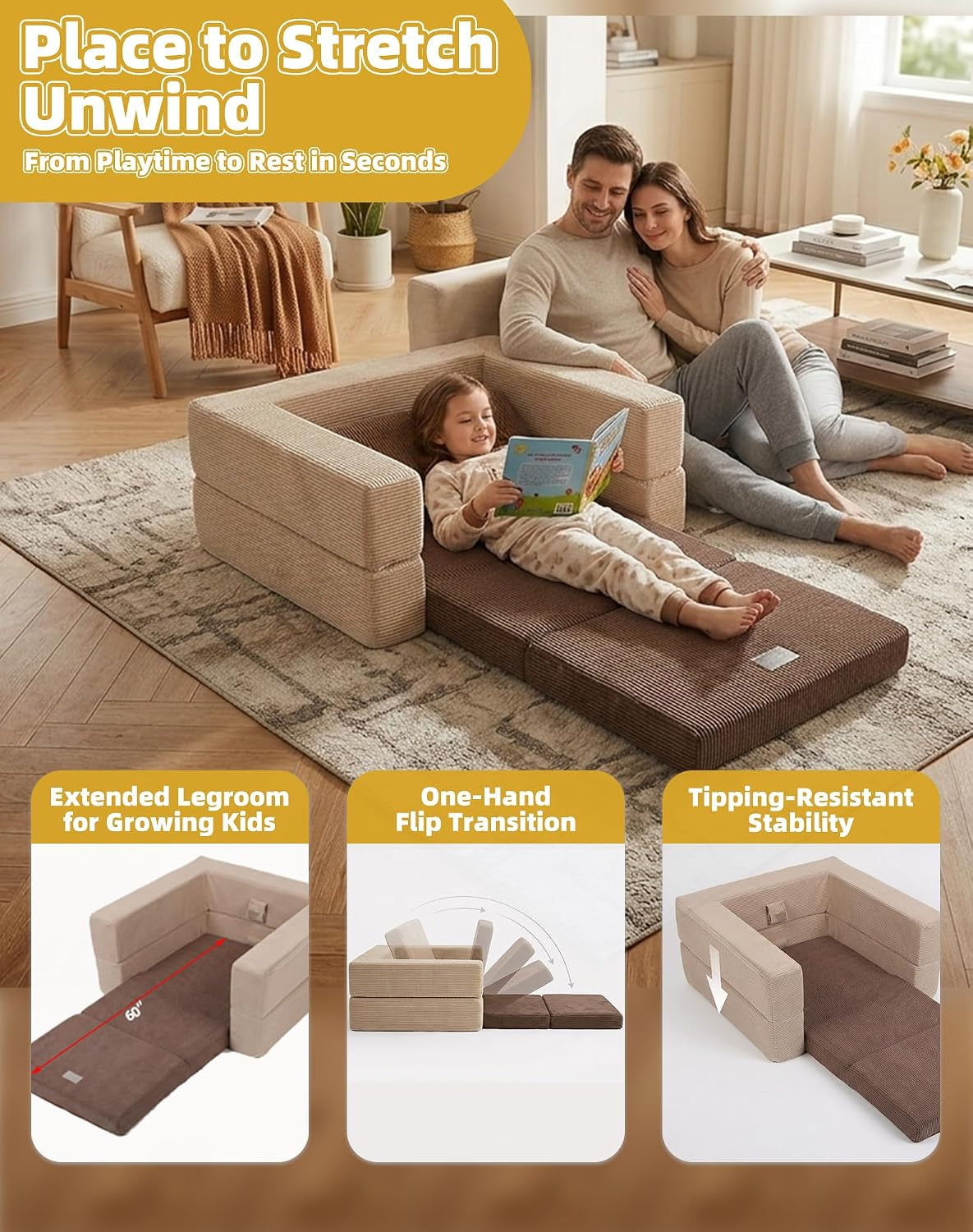 Child reclining on a brown foam mat pulled out from a beige foam sofa while parents sit nearby on the floor