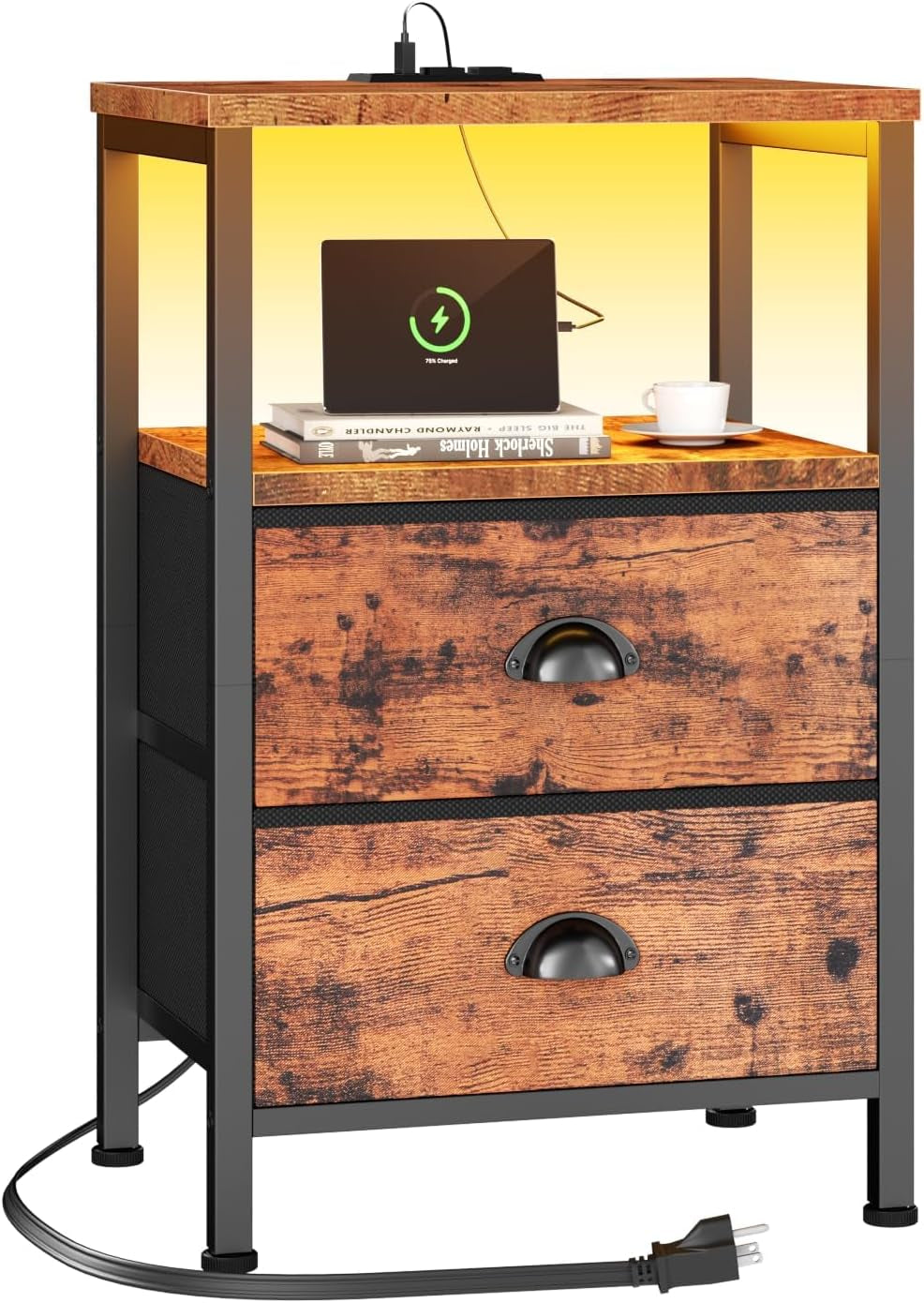 Close front view of a brown wood-grain nightstand with two drawers, cup handles and lit shelf