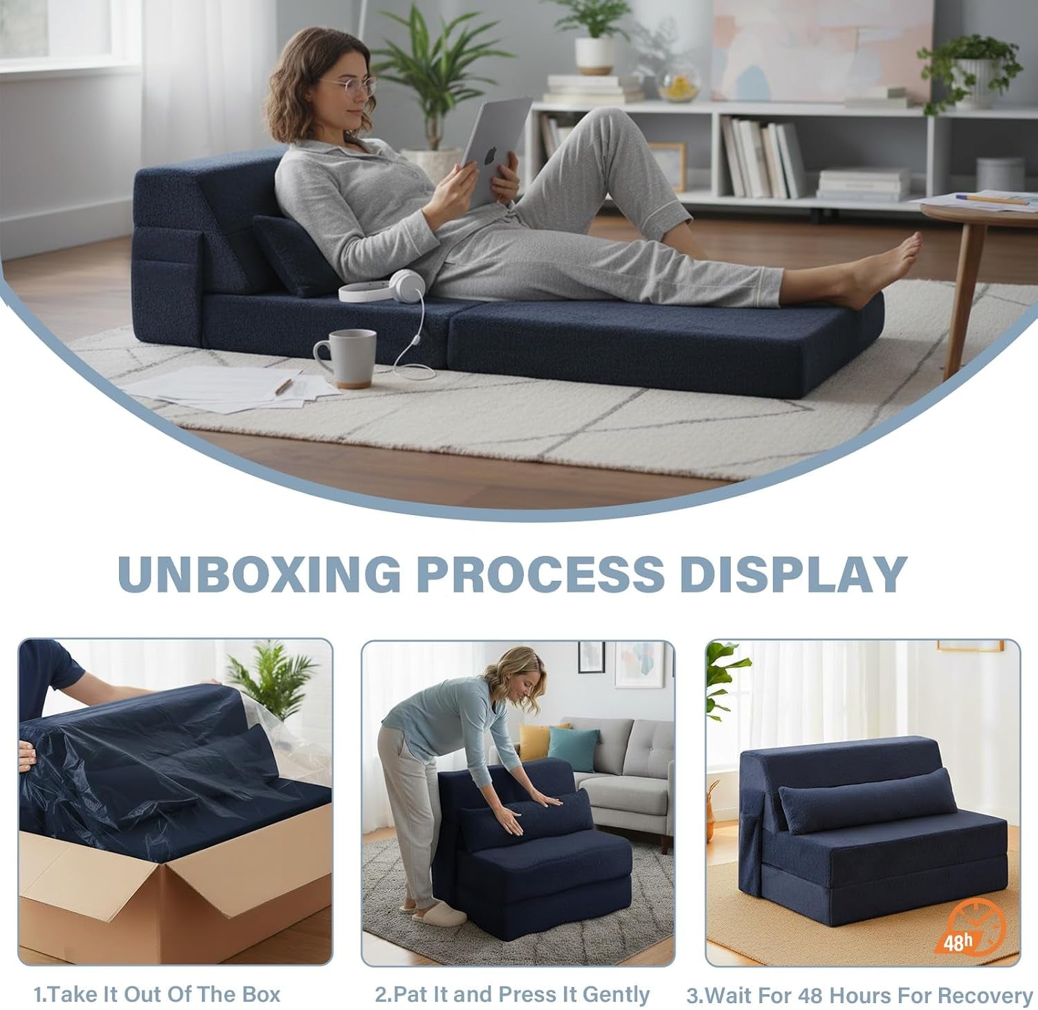Collage: lifestyle scene of navy folding sofa bed and three panels showing unboxing steps
