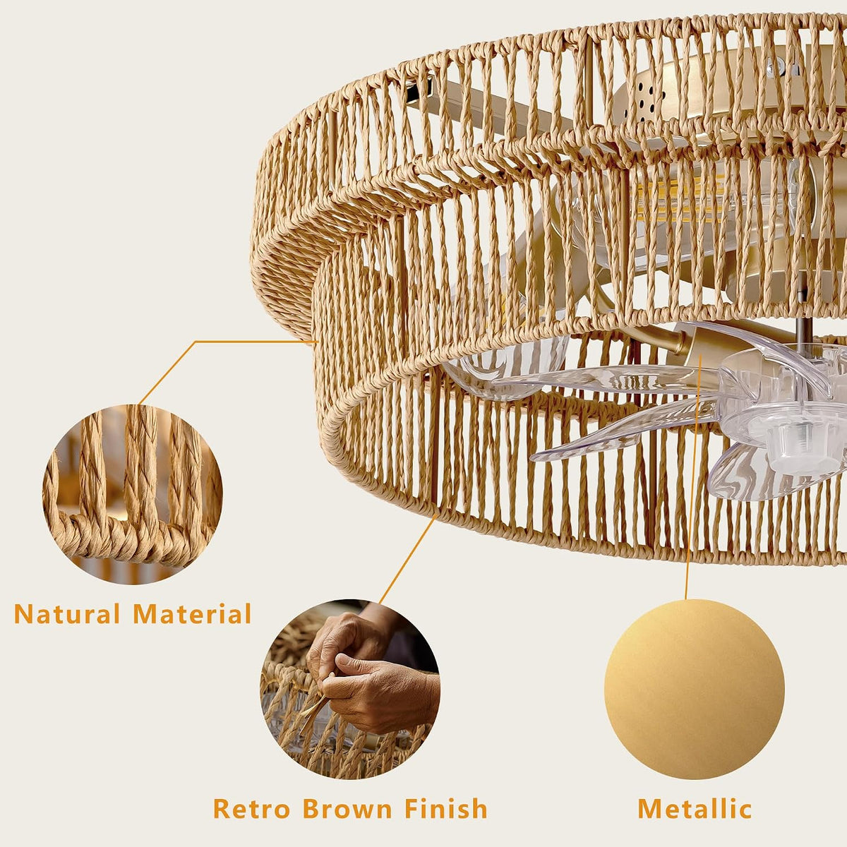 Close-up collage showing braided rattan weave and a metallic sample with retro brown finish.
