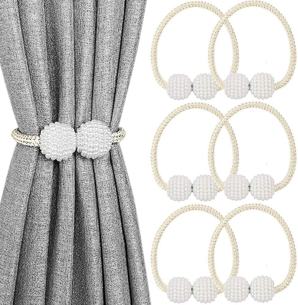 Gray curtain held by a cream rope tieback with white pearl balls; three additional cream tieback loops displayed to the