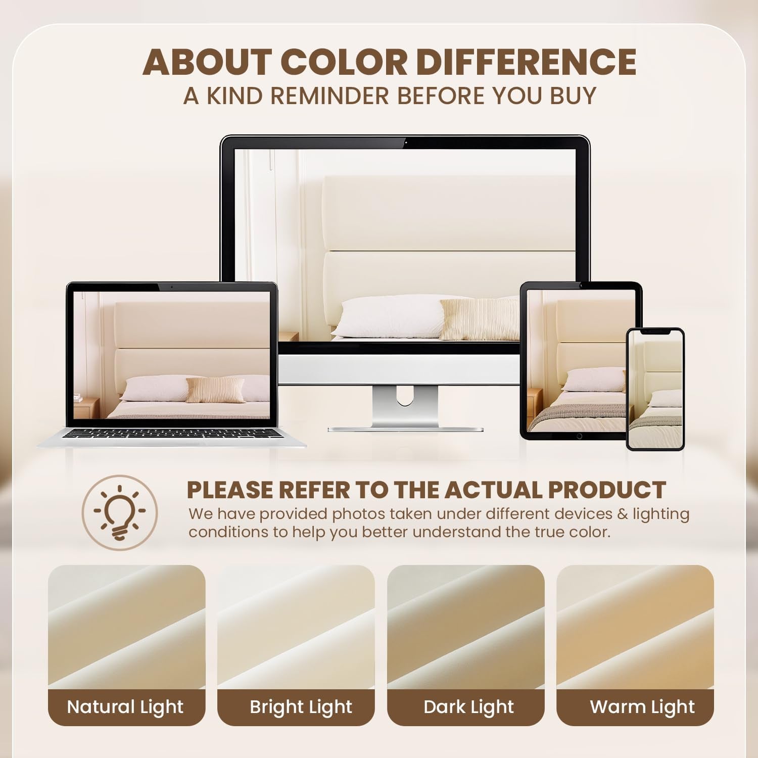 Color disclaimer showing the cream upholstery under four labeled lighting conditions.