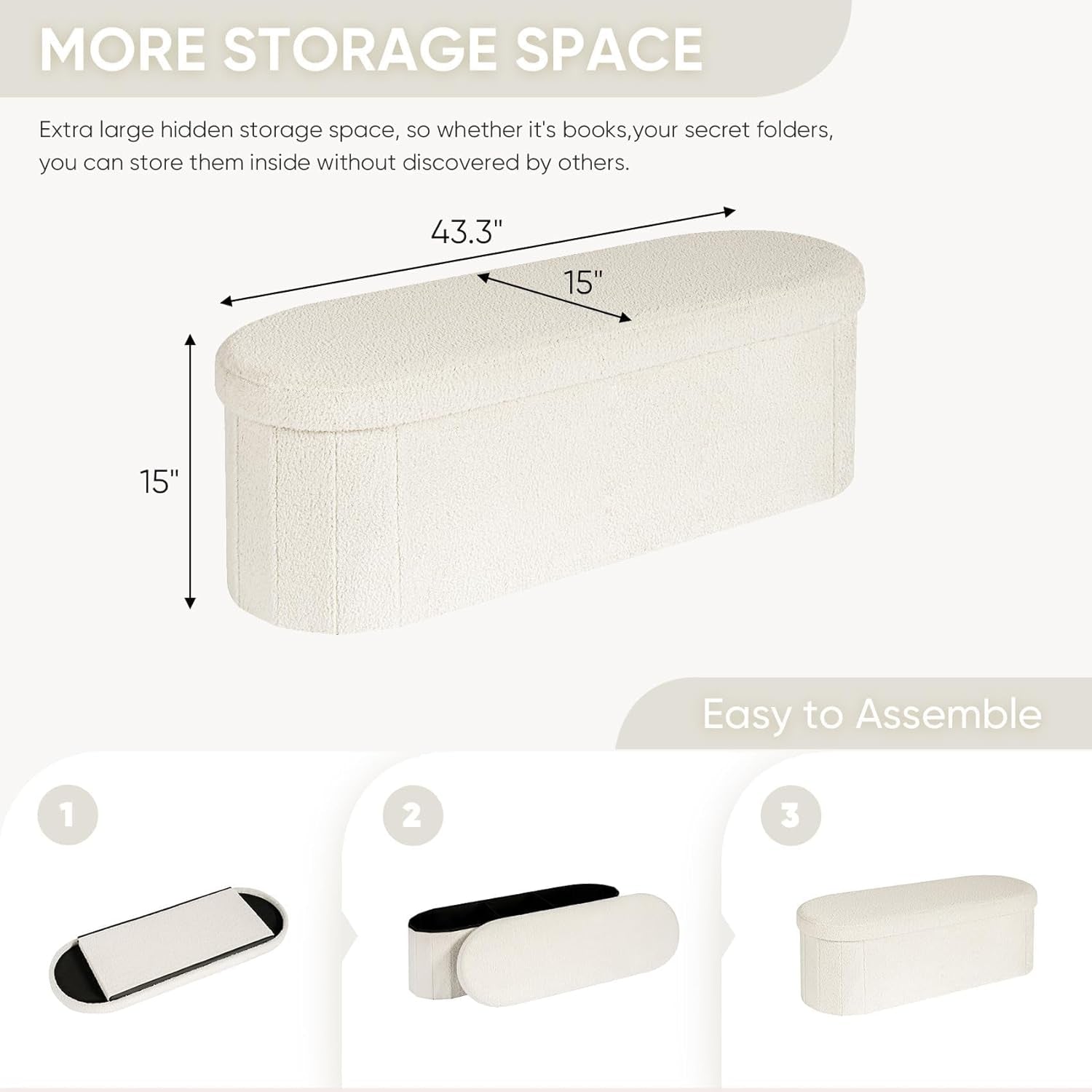 Diagram of ottoman with 43.3" x 15" x 15" dimensions and step assembly images