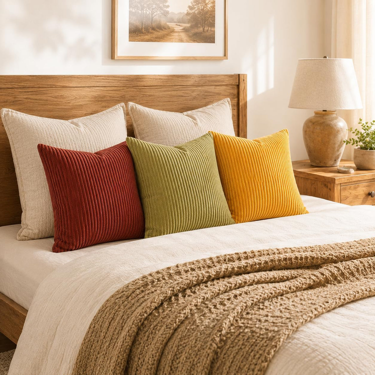 Three ribbed pillows in rust, olive and mustard propped against neutral shams on a bed with a chunky knit throw and bedside