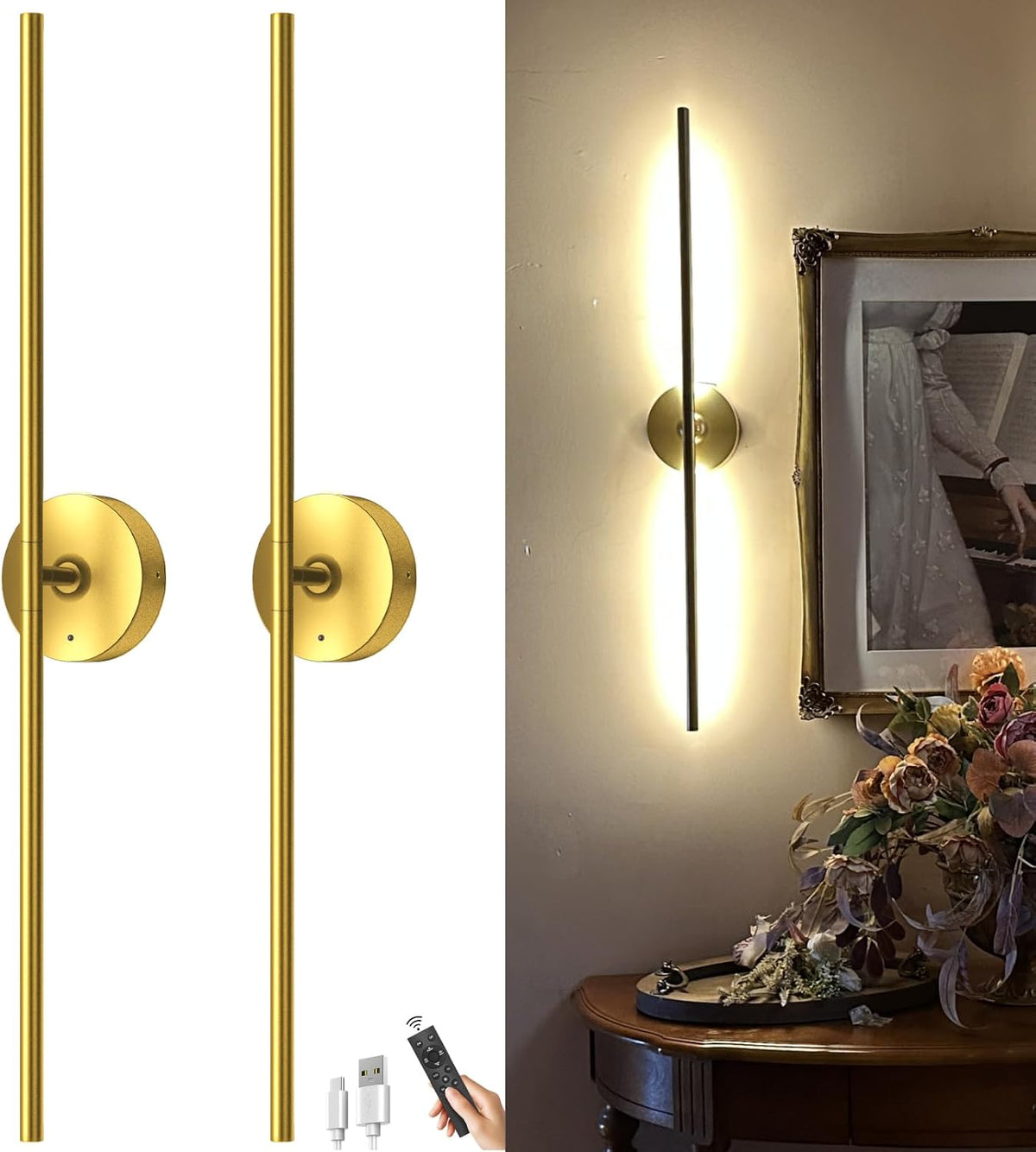 Left: two gold vertical wall sconces on white; right: a single lit sconce mounted above a table and framed picture.