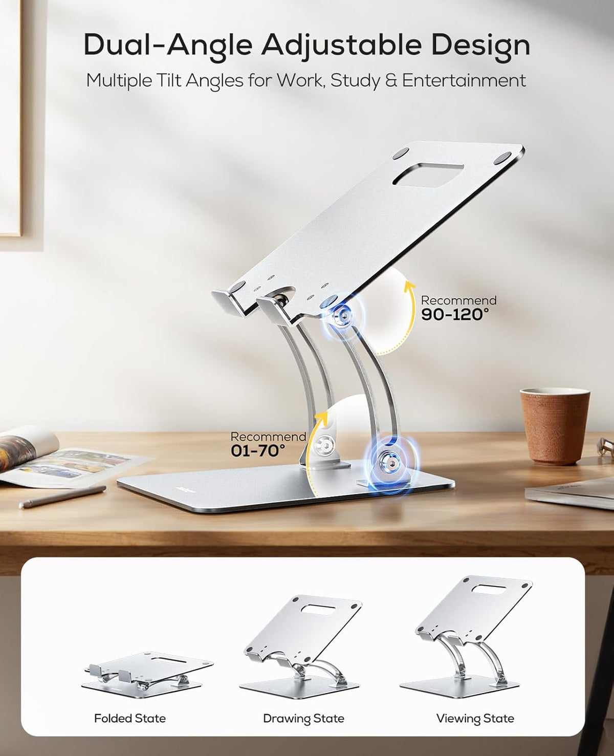 Adjustable stand in a raised position showing dual-angle hinges and recommended tilt ranges