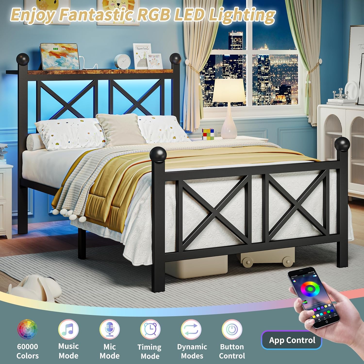 Bedroom scene showing black platform bed with blue LED lighting and a hand holding a phone app color wheel