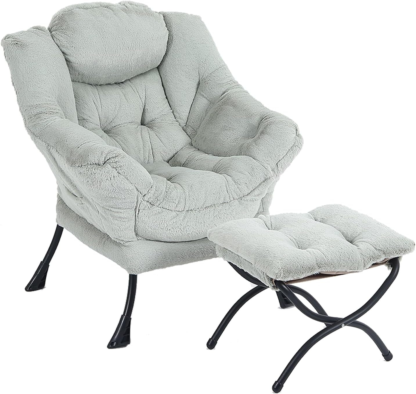 Light gray soft-texture lounge chair with matching cushioned ottoman and X-shaped metal frame