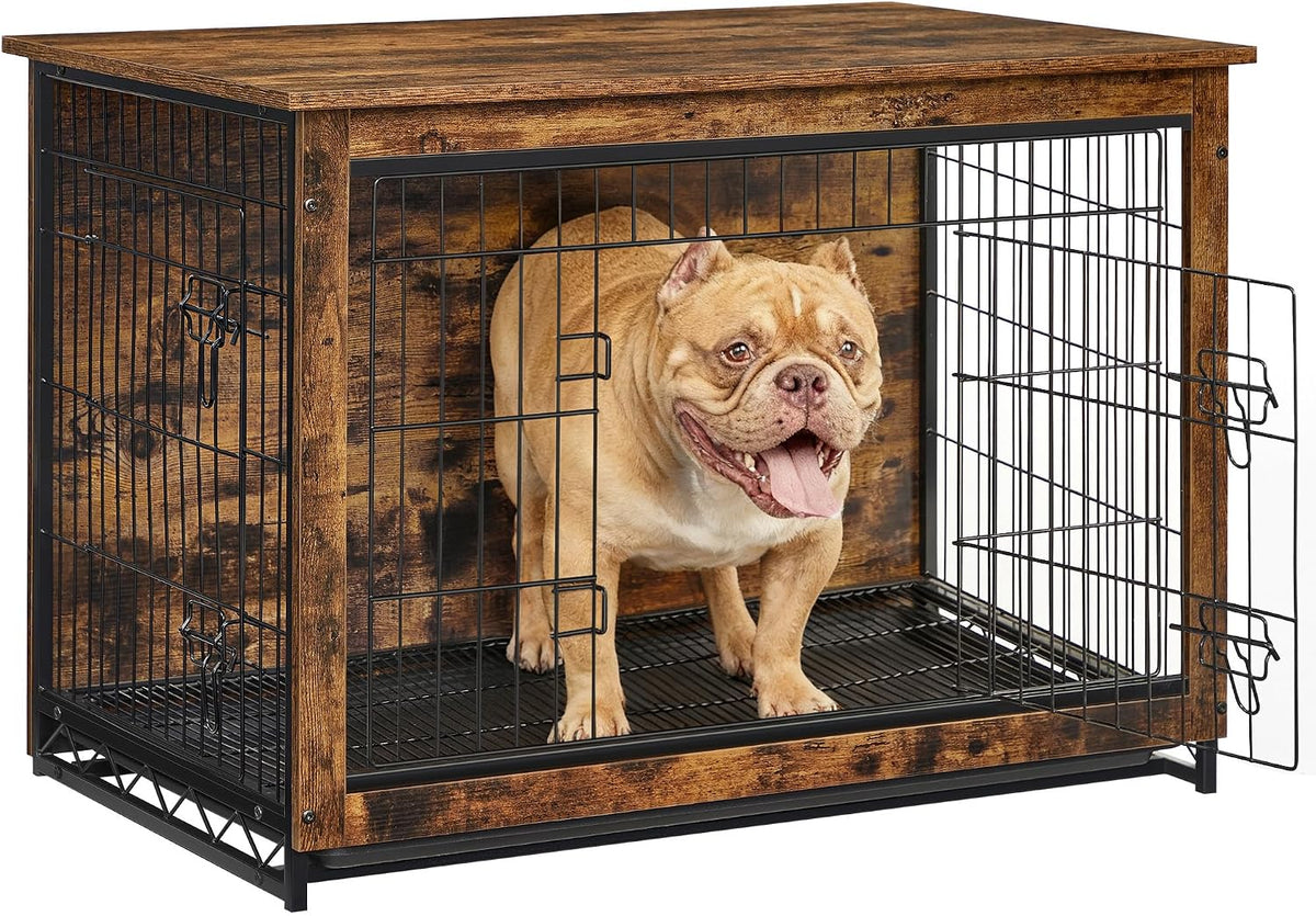 Dark wood dog crate with front door open and a tan bulldog standing inside, tongue out.
