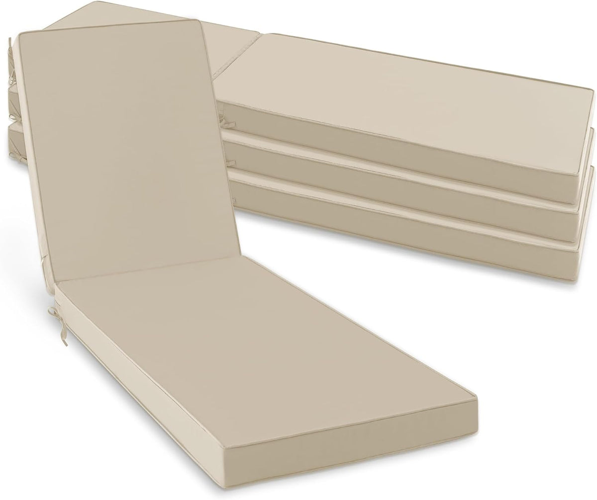 Beige chaise cushion in front with a stack of three matching cushions behind.