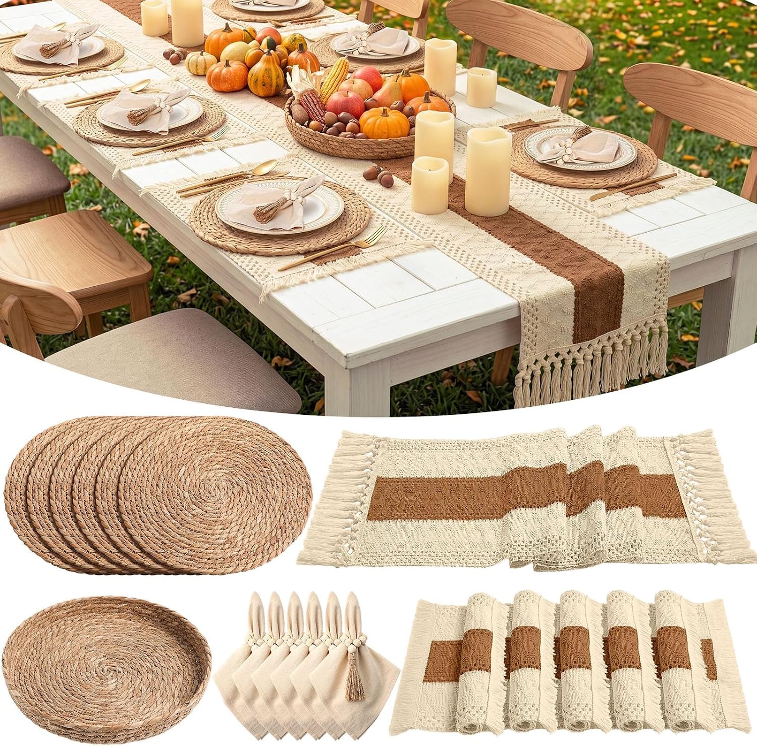 Long outdoor table with khaki runner featuring a wide brown stripe, round placemats and candles down the center