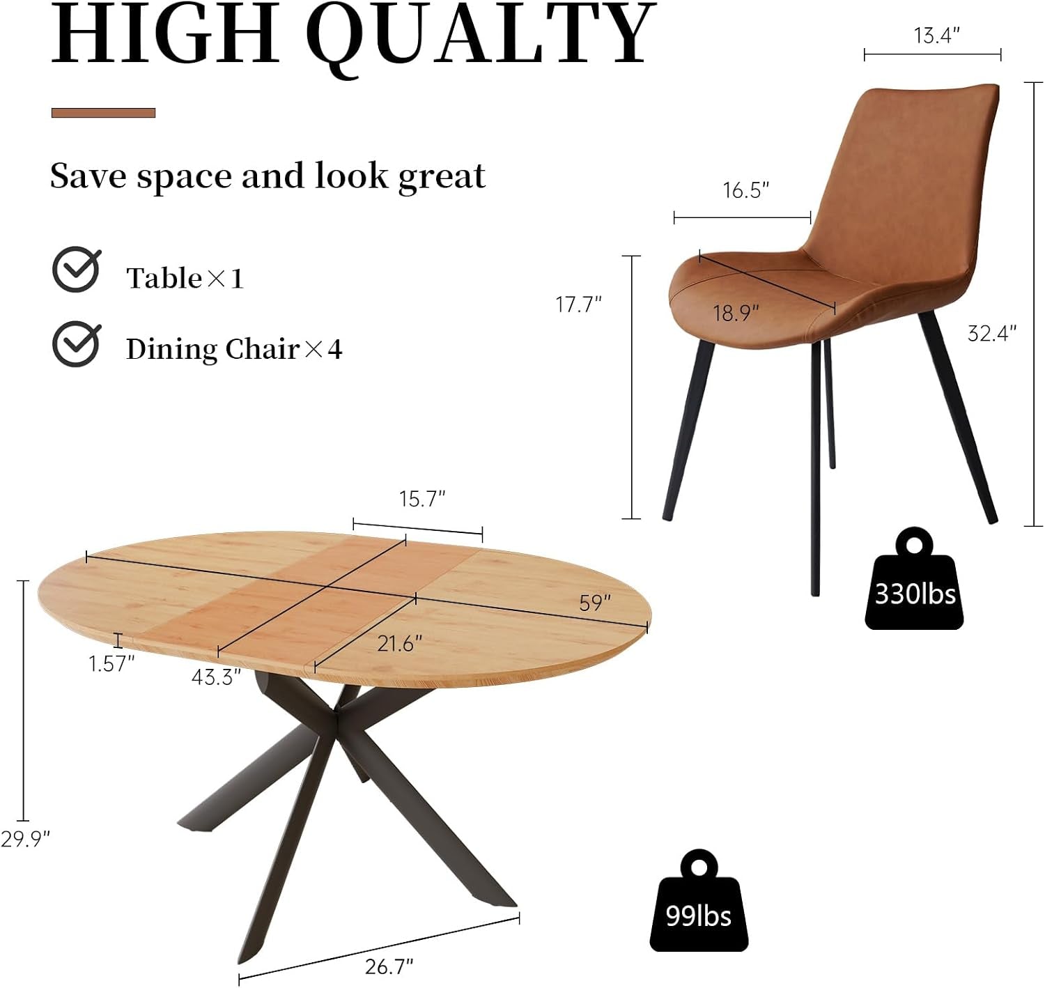 Dimension graphic showing the table and chair measurements including 43.2–59.1" tabletop and 1.57" tabletop thickness