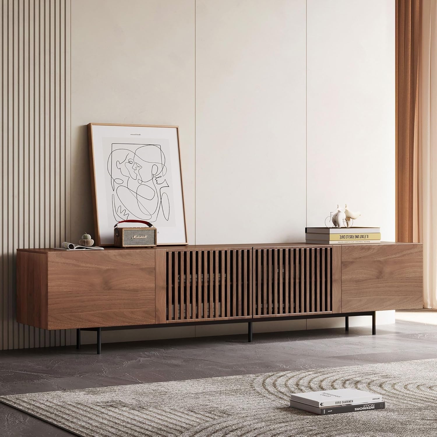 Long brown TV stand with two solid outer doors and two slatted center doors in a neutral room.