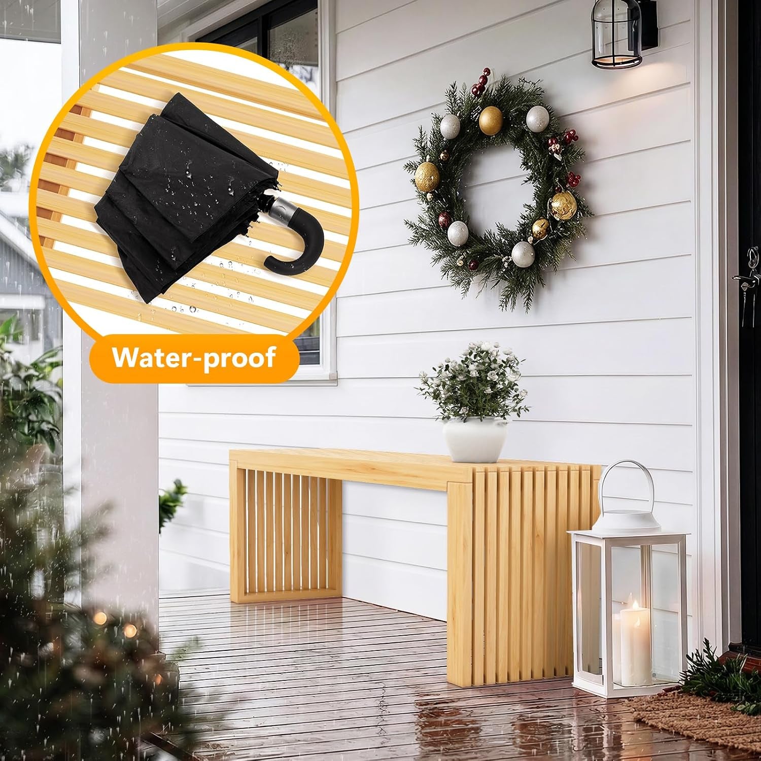 Natural bamboo slatted bench on a wet porch with an inset showing water droplets to indicate waterproof treatment