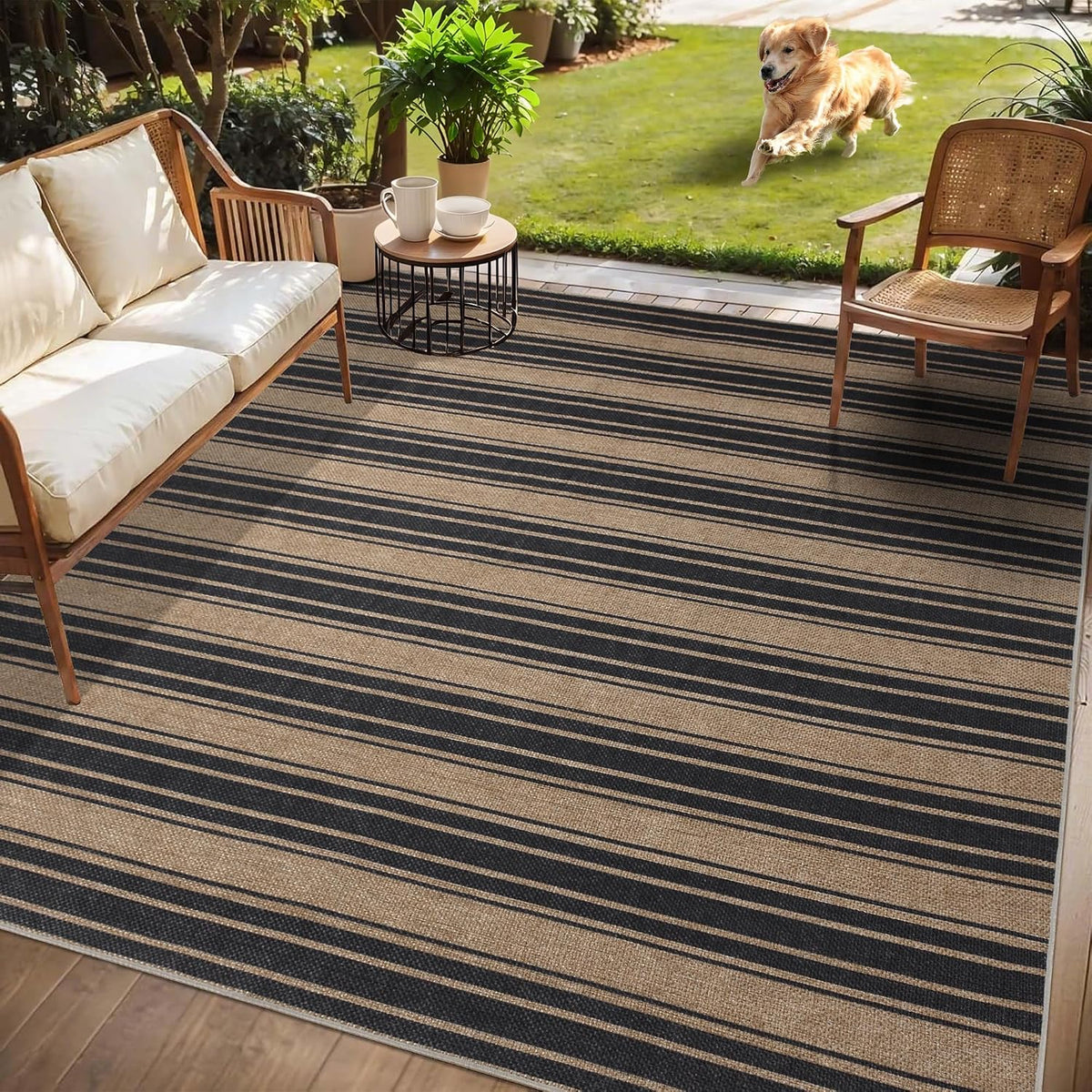 Patio scene with tan and black striped rug, sofa and chair, garden and dog visible in background