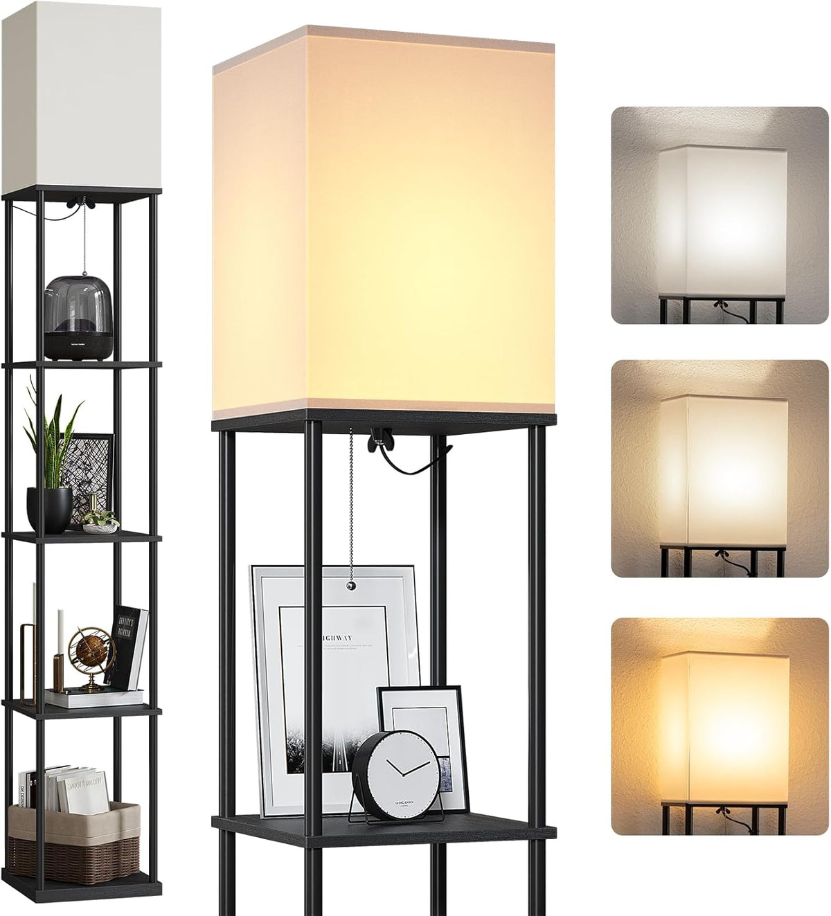 Tall black floor lamp with four corner shelves, lit square fabric shade, and three small lighting swatches at right
