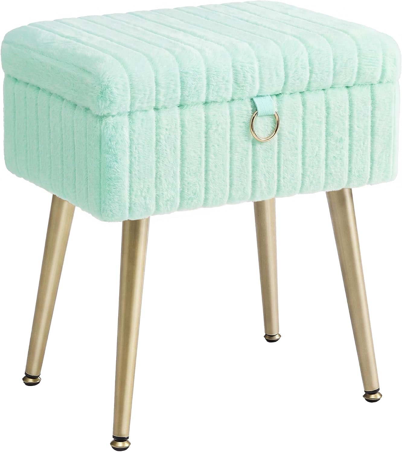 Three-quarter view of a mint green plush vanity stool with gold tapered legs and ring pull