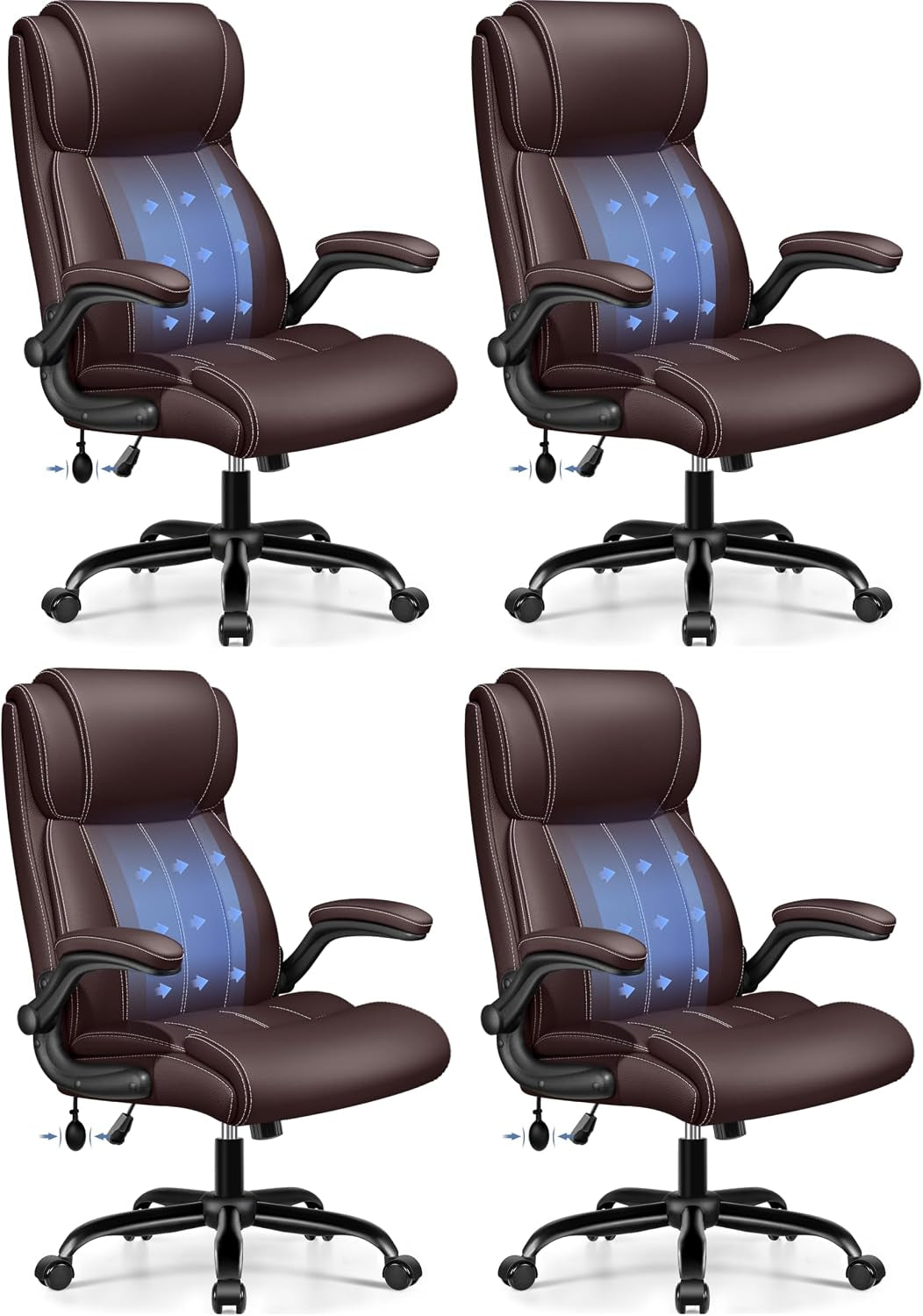 Four maroon PU leather office chair front-angle views in a 2x2 layout, showing stitched cushioning and lumbar arrows.