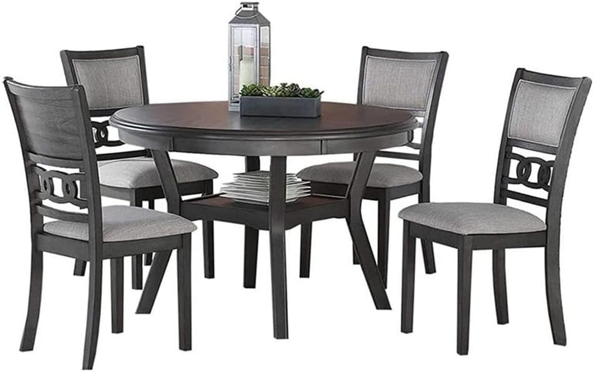 Round table with four light-gray fabric seats and decorative chair back cutouts.